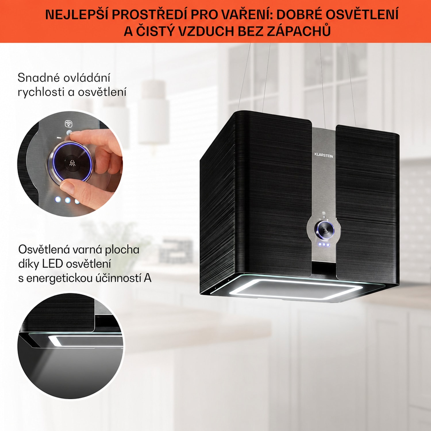 Futurelight Smart, digestoř, 45 cm, ostrůvková, 413 m³/h, LED, nerezová ocel, černá Černá