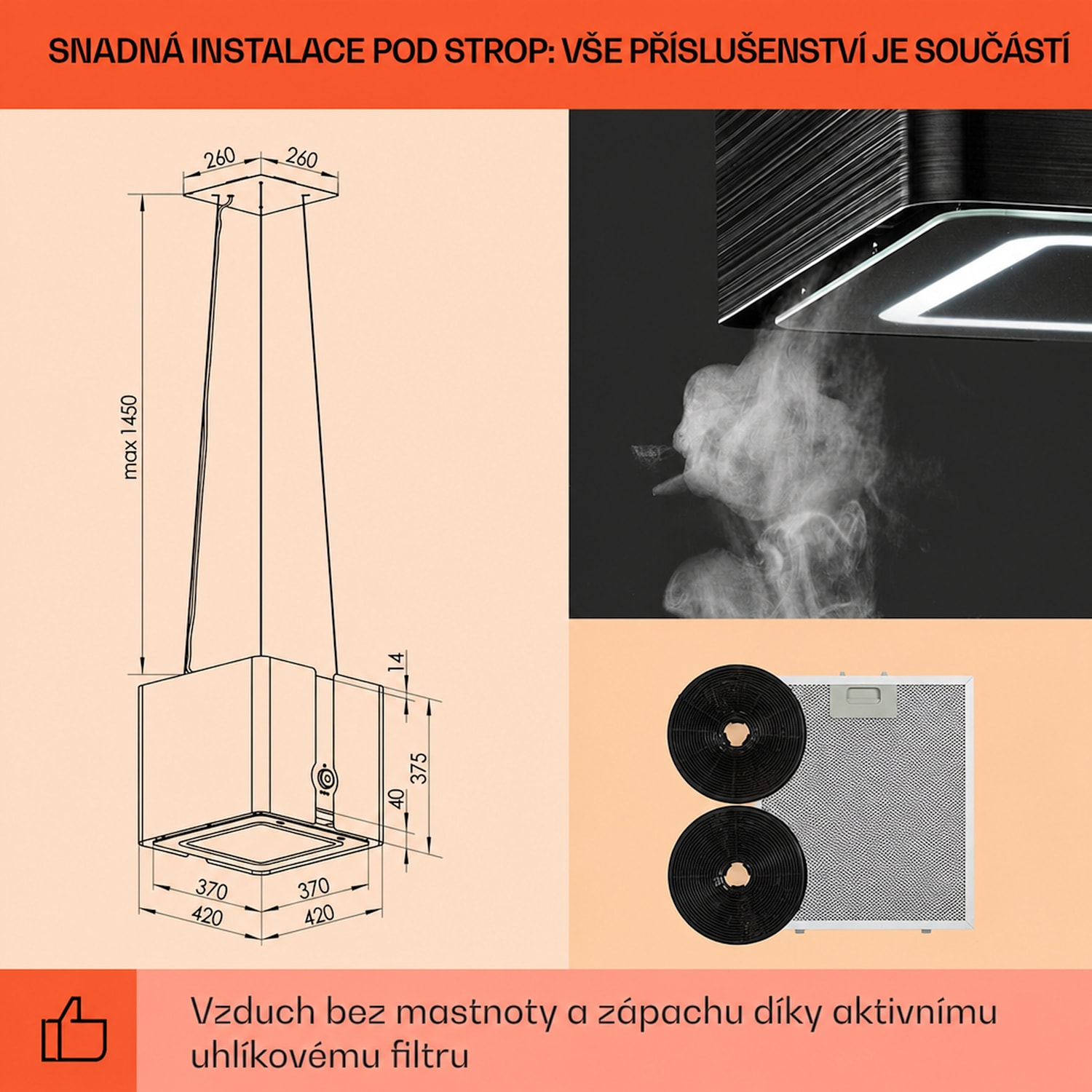 Futurelight Smart, digestoř, 45 cm, ostrůvková, 413 m³/h, LED, nerezová ocel, černá Černá