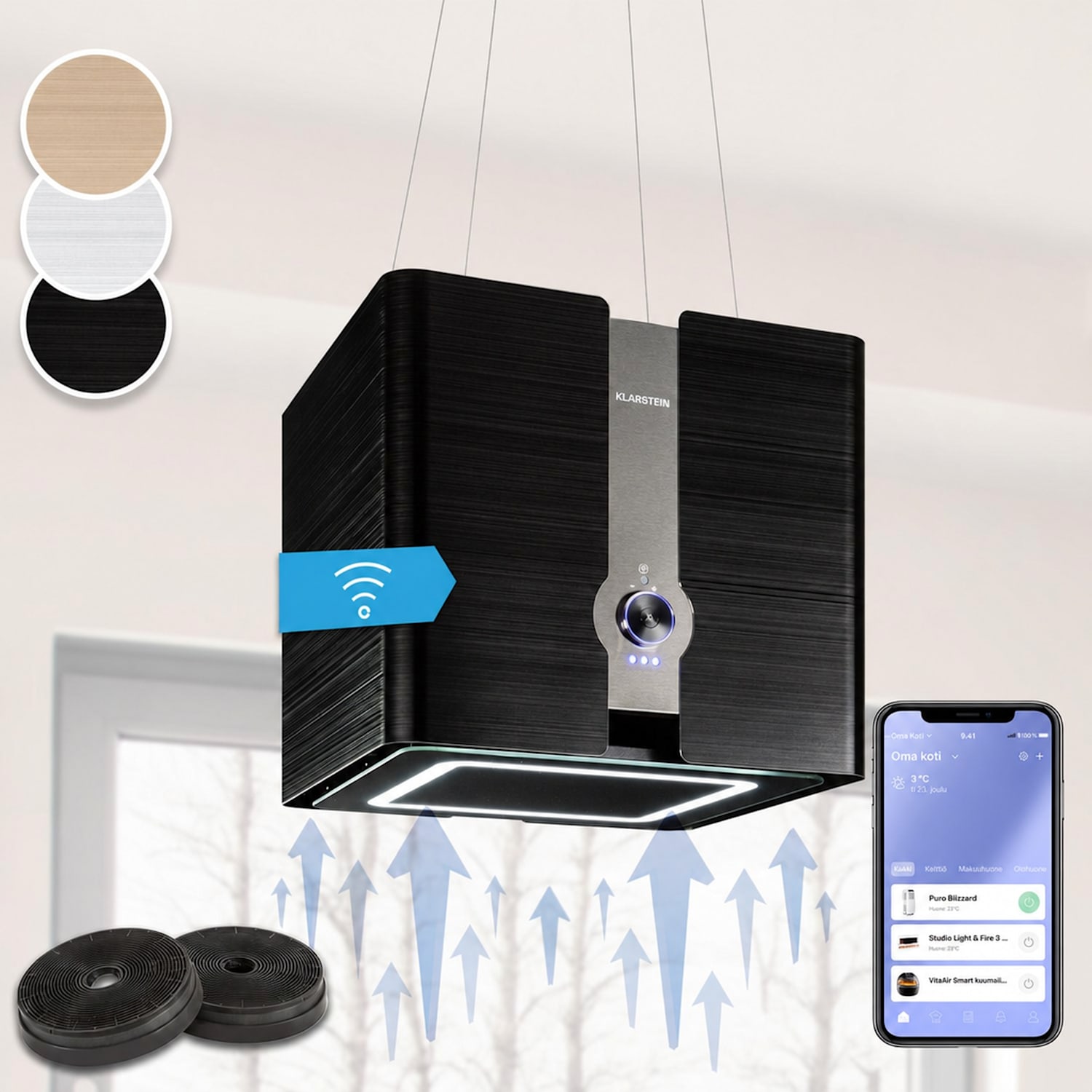 Futurelight Smart saarekeliesituuletin kiertoilma 413 m³/h LED ruostumaton teräs Musta
