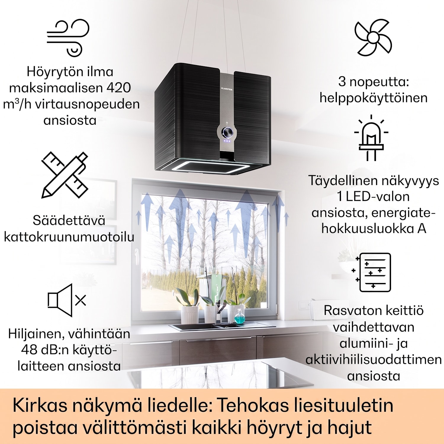 Futurelight Smart saarekeliesituuletin kiertoilma 413 m³/h LED ruostumaton teräs Musta