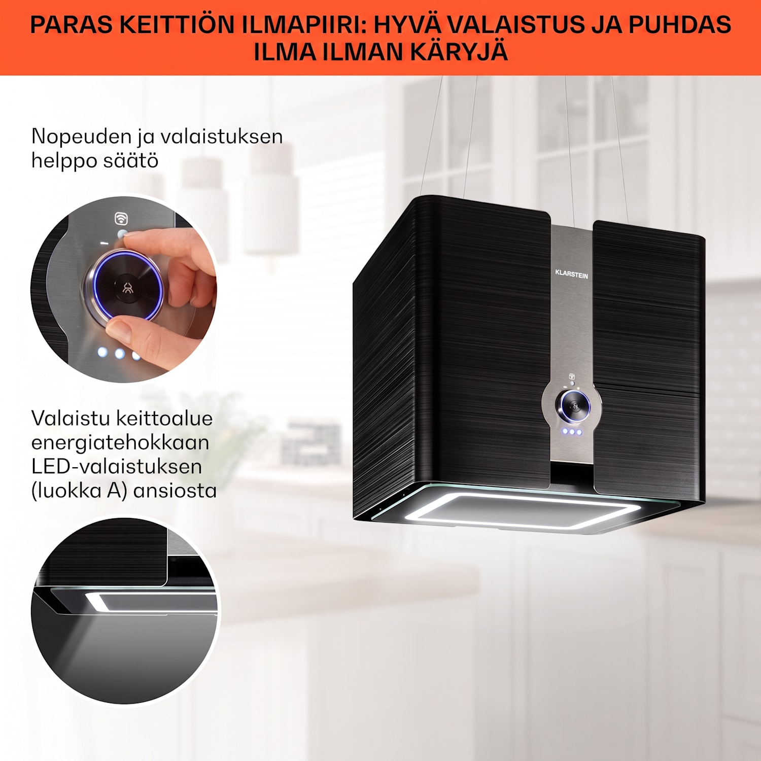 Futurelight Smart saarekeliesituuletin kiertoilma 413 m³/h LED ruostumaton teräs Musta
