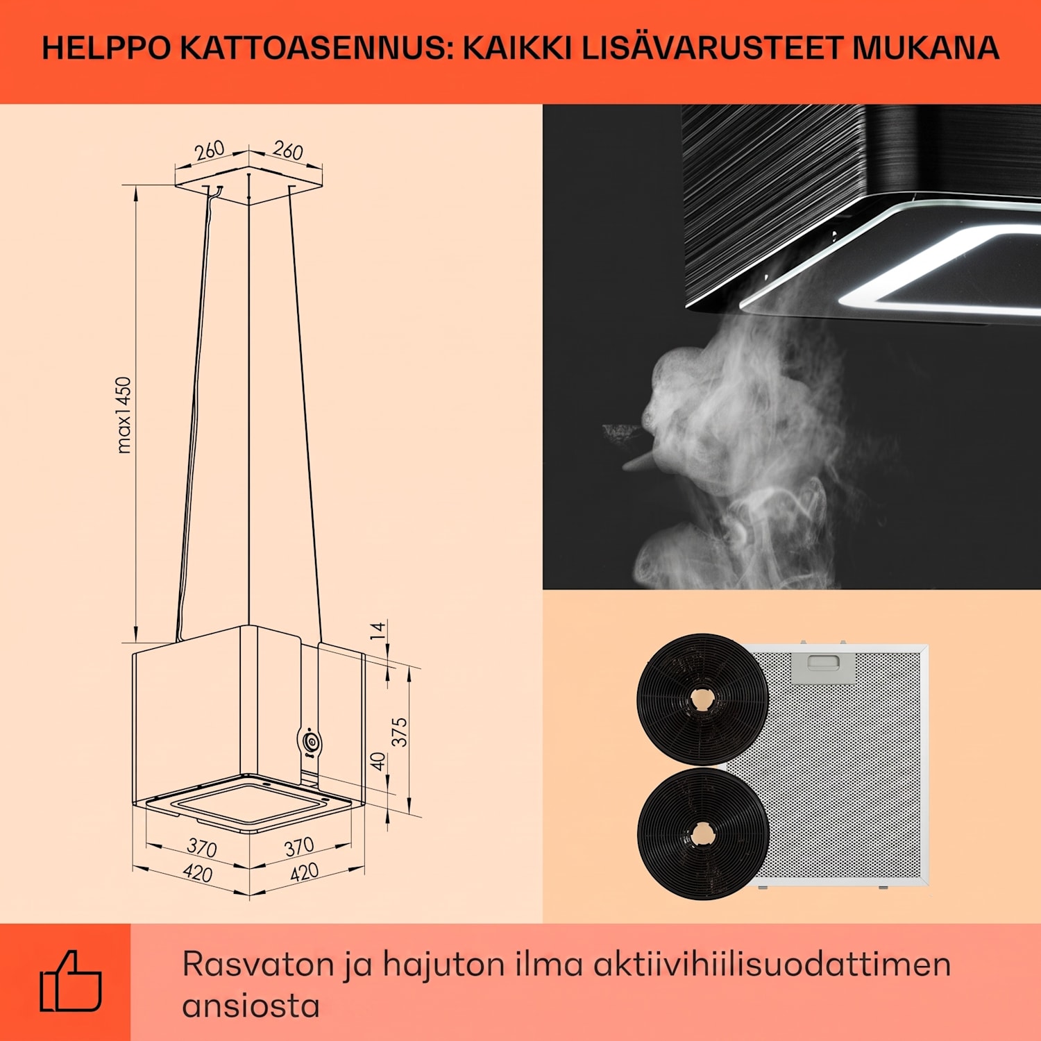 Futurelight Smart saarekeliesituuletin kiertoilma 413 m³/h LED ruostumaton teräs Musta