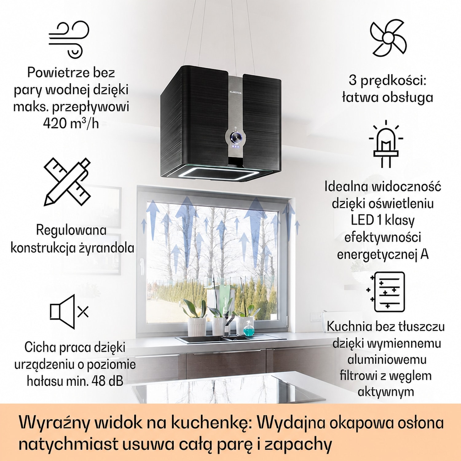 Futurelight Smart, okap kuchenny wyspowy, pochłaniacz, 413 m³/h, LED, stal nierdzewna Czarny