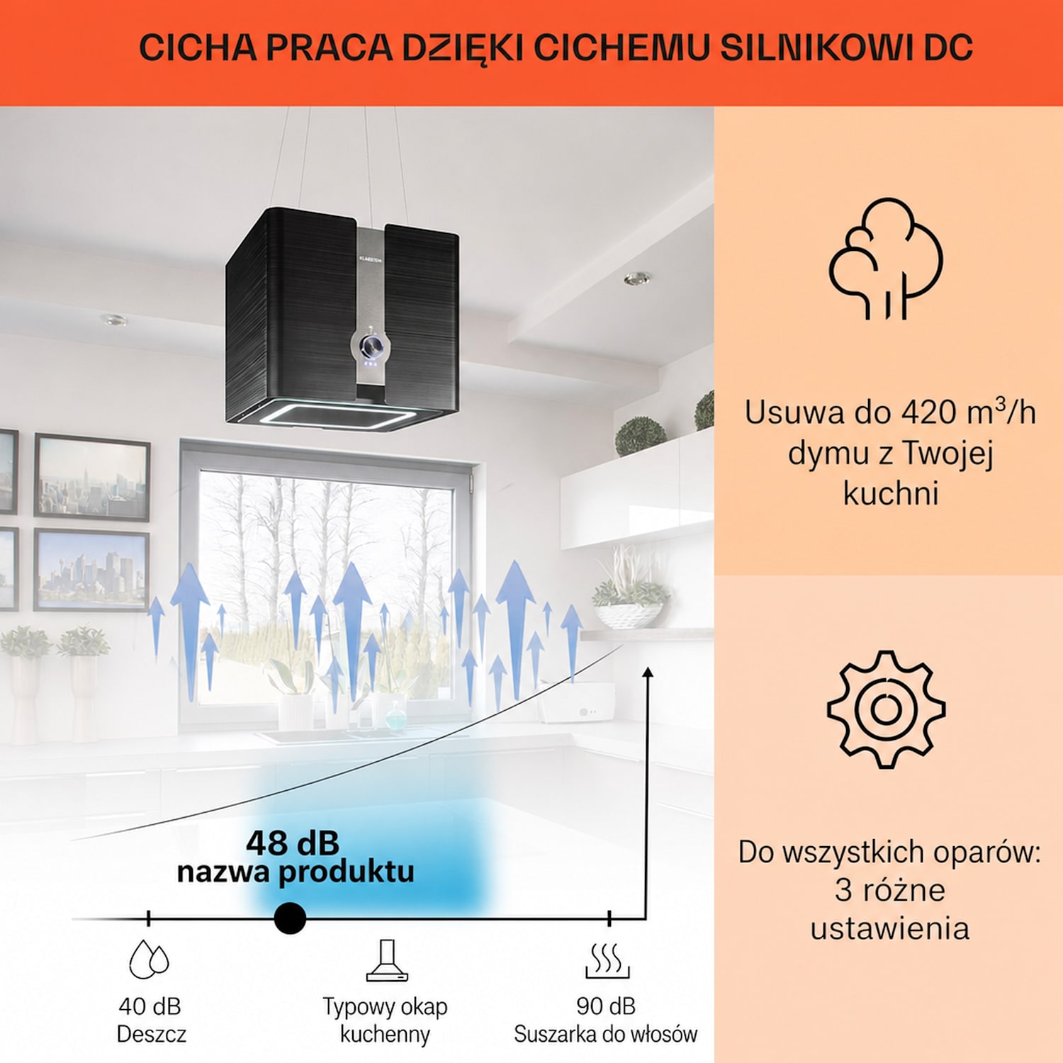 Futurelight Smart, okap kuchenny wyspowy, pochłaniacz, 413 m³/h, LED, stal nierdzewna Czarny