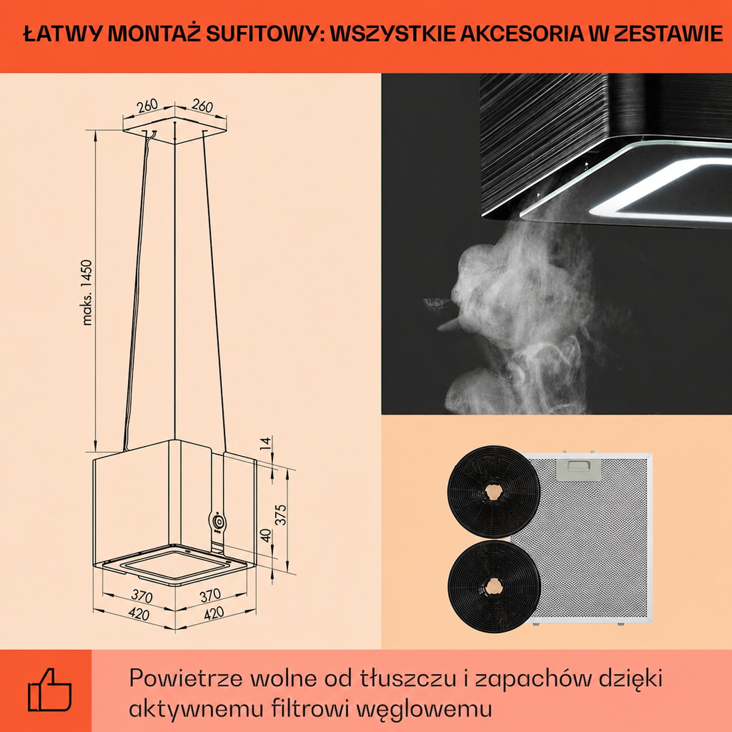Futurelight Smart, okap kuchenny wyspowy, pochłaniacz, 413 m³/h, LED, stal nierdzewna Czarny