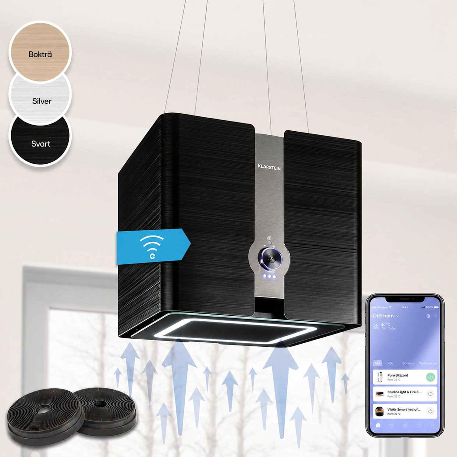Futurelight Smart Köksfläkt för köksö cirkulation 413m³/h LED ädelstål Svart