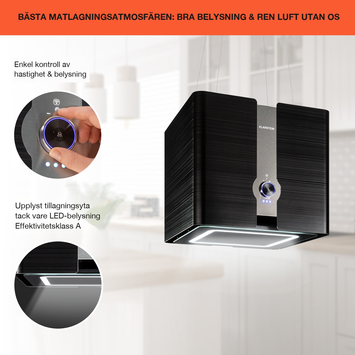 Futurelight Smart Köksfläkt för köksö cirkulation 413m³/h LED ädelstål Svart