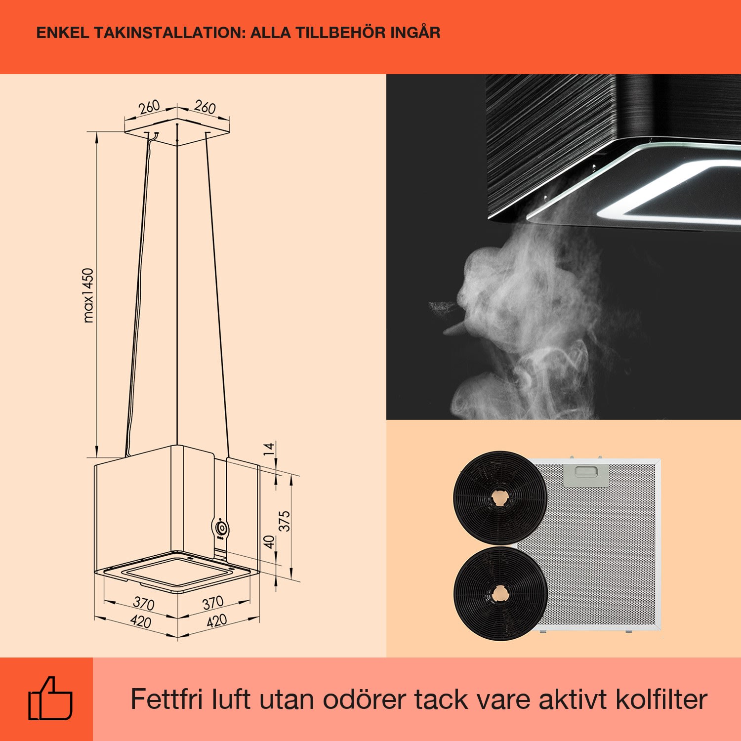 Futurelight Smart Köksfläkt för köksö cirkulation 413m³/h LED ädelstål Svart