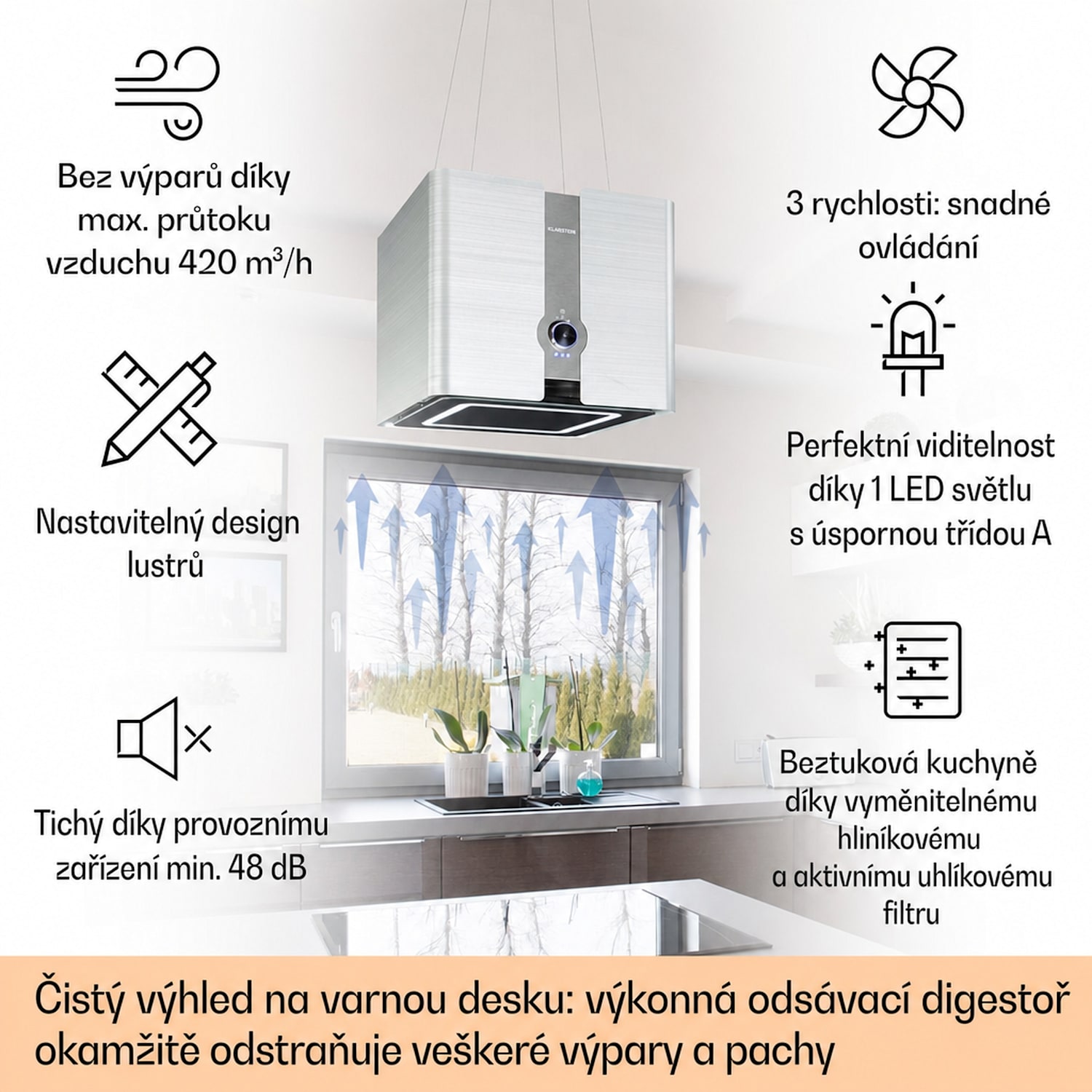 Futurelight Smart, digestoř, 45 cm, ostrůvková, 413 m³/h, LED, nerezová ocel, černá Stříbrná