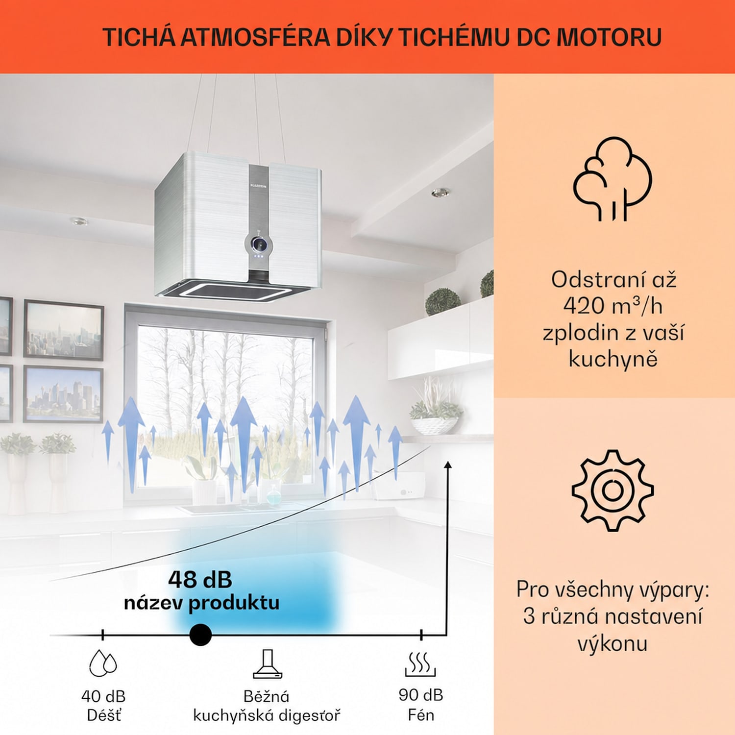 Futurelight Smart, digestoř, 45 cm, ostrůvková, 413 m³/h, LED, nerezová ocel, černá Stříbrná