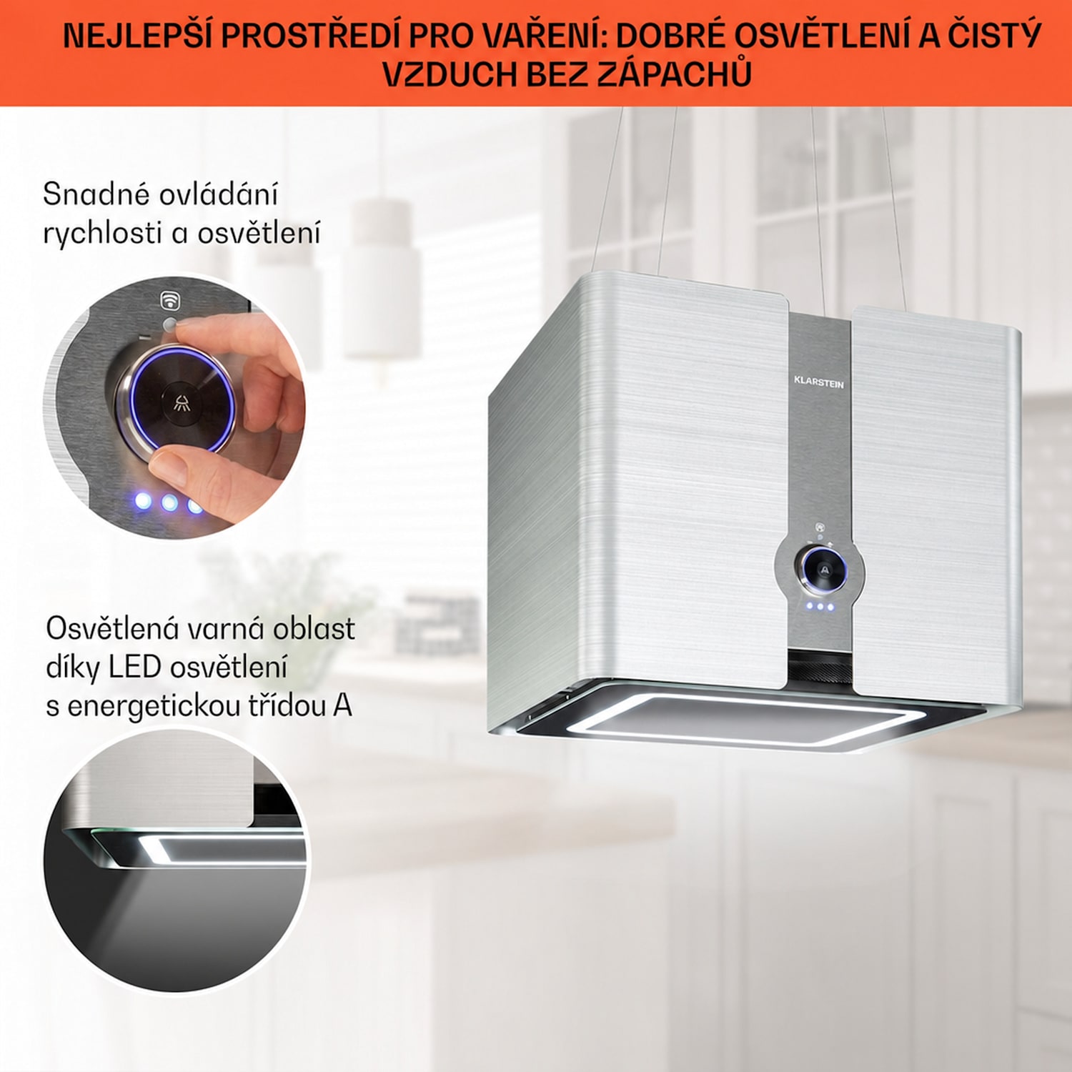 Futurelight Smart, digestoř, 45 cm, ostrůvková, 413 m³/h, LED, nerezová ocel, černá Stříbrná