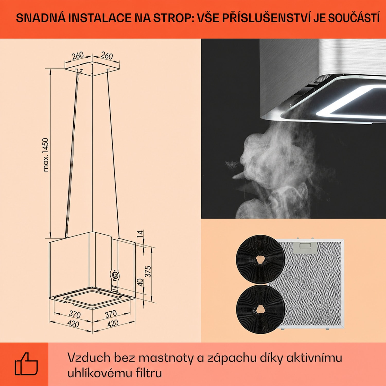 Futurelight Smart, digestoř, 45 cm, ostrůvková, 413 m³/h, LED, nerezová ocel, černá Stříbrná