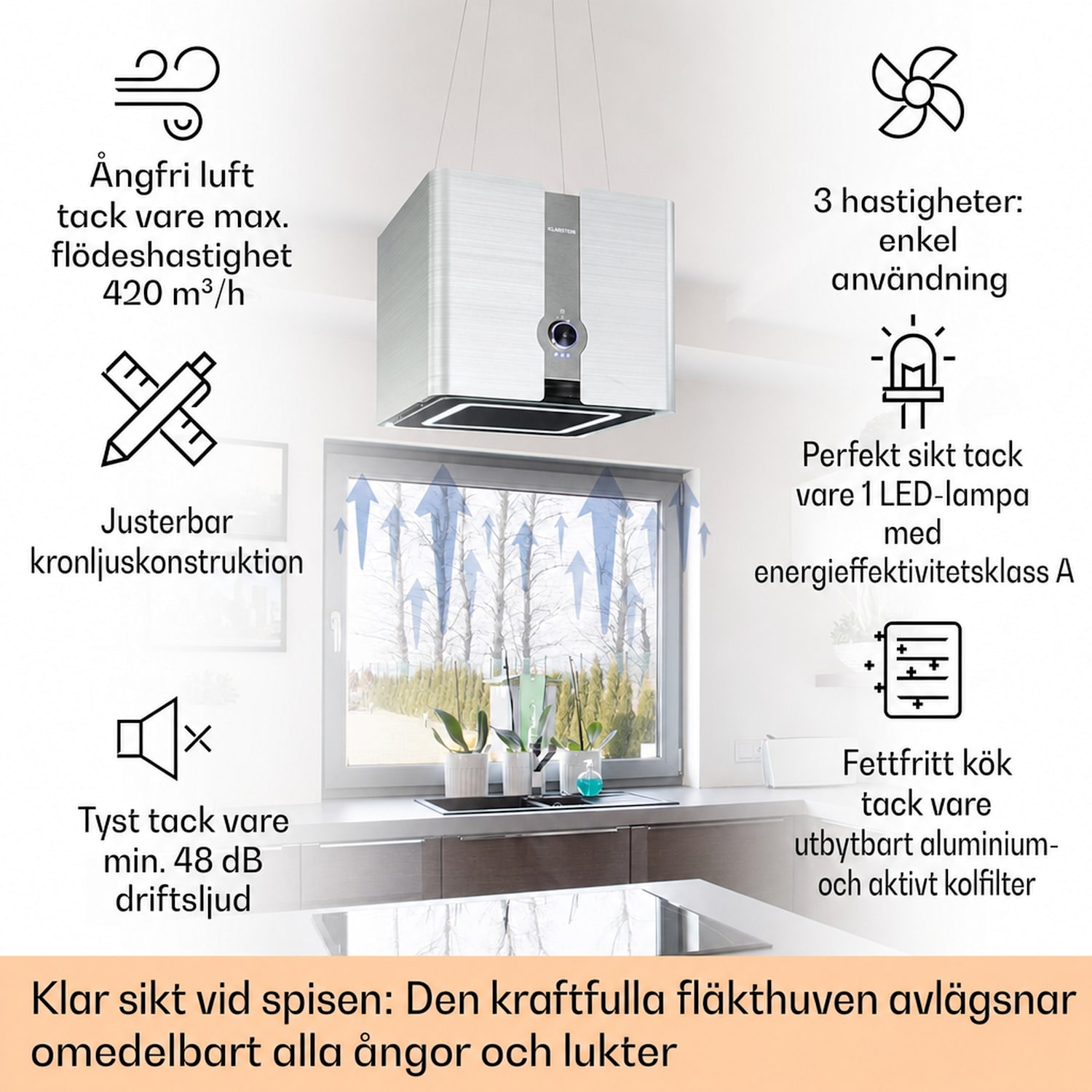 Futurelight Smart Köksfläkt för köksö cirkulation 413m³/h LED ädelstål Silver