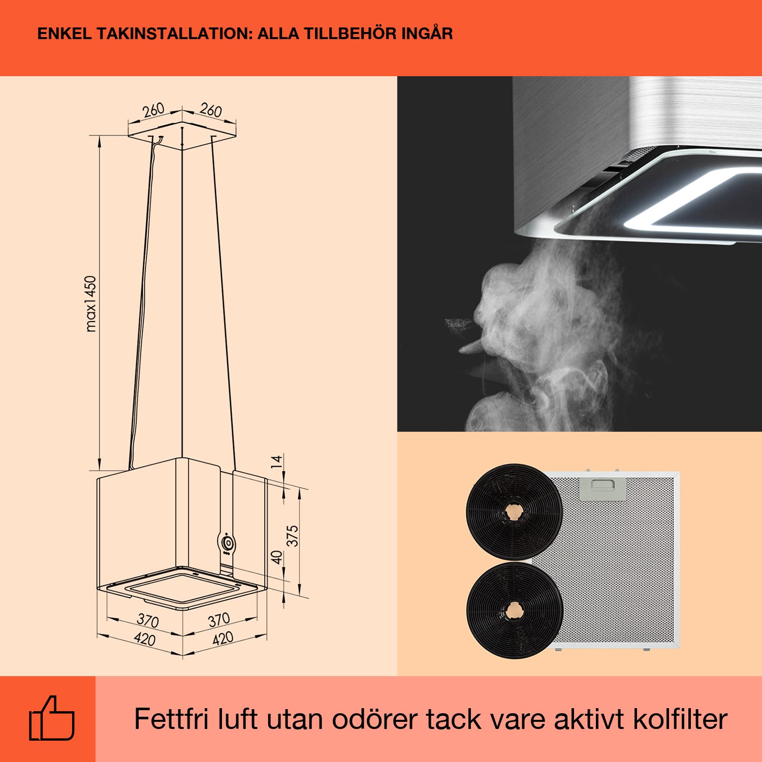 Futurelight Smart Köksfläkt för köksö cirkulation 413m³/h LED ädelstål Silver