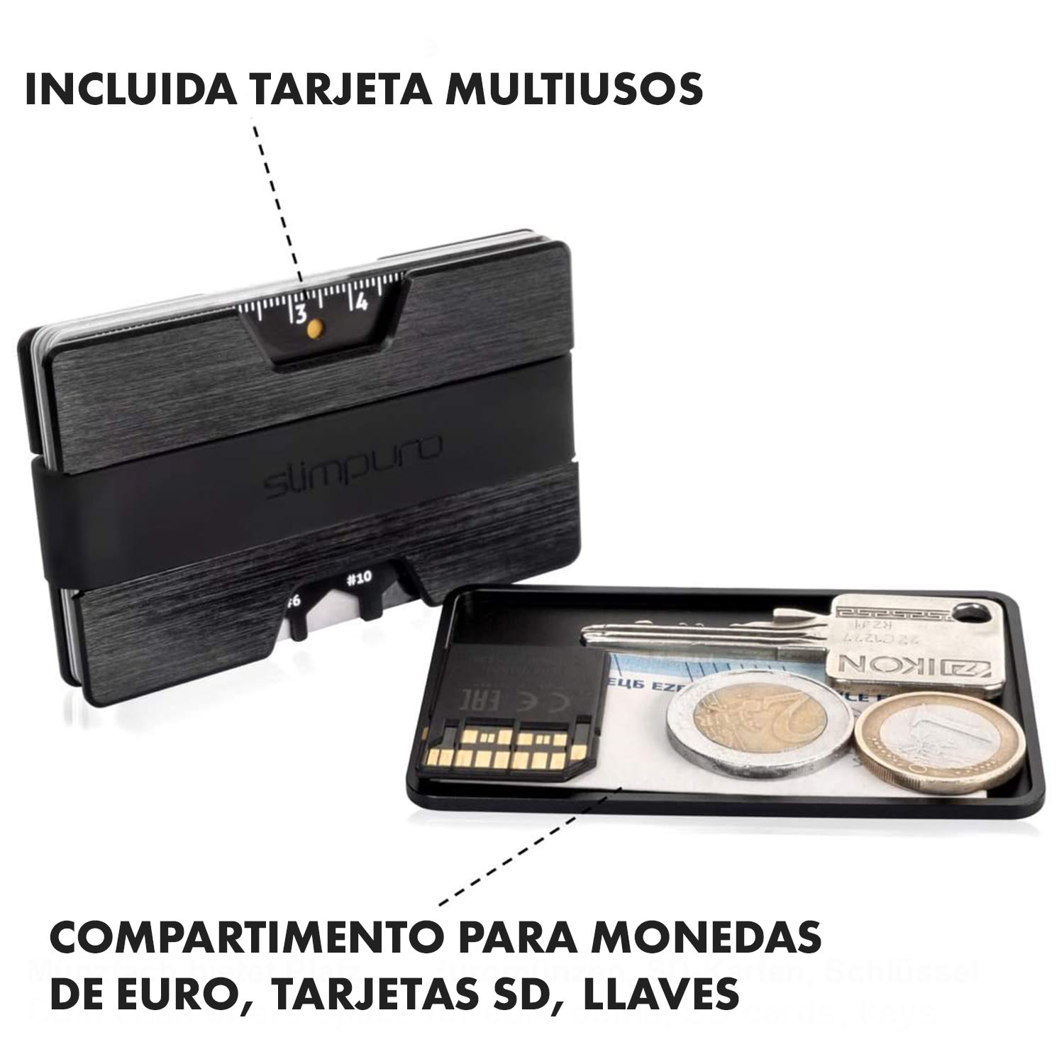 NANO Slim Wallet cartera extraplana 12 tarjetas compartimento para monedas aluminio Negro Metalizado