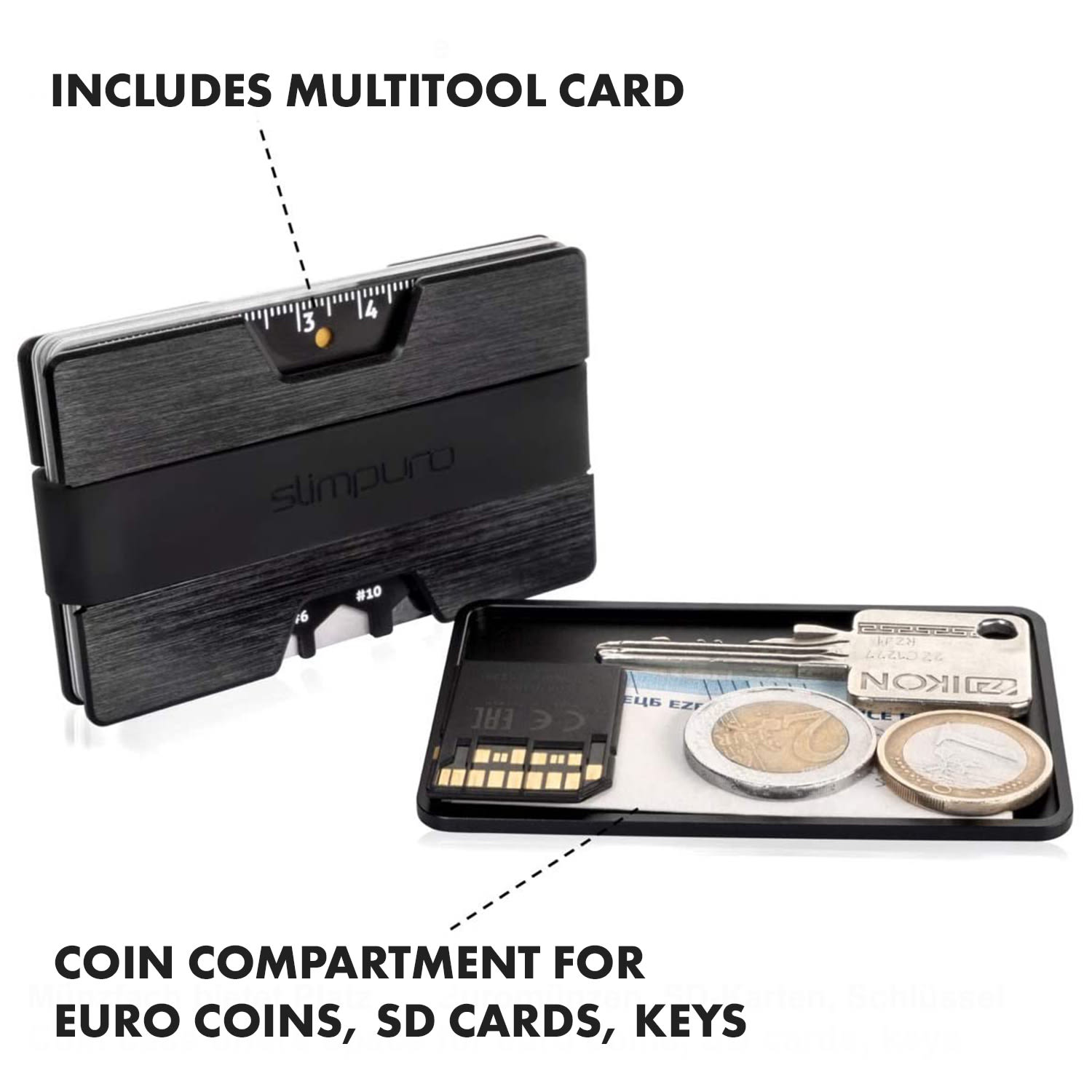 NANO, тънък портфейл, екстра плосък, 12 карти, отделение за монети, алуминий 