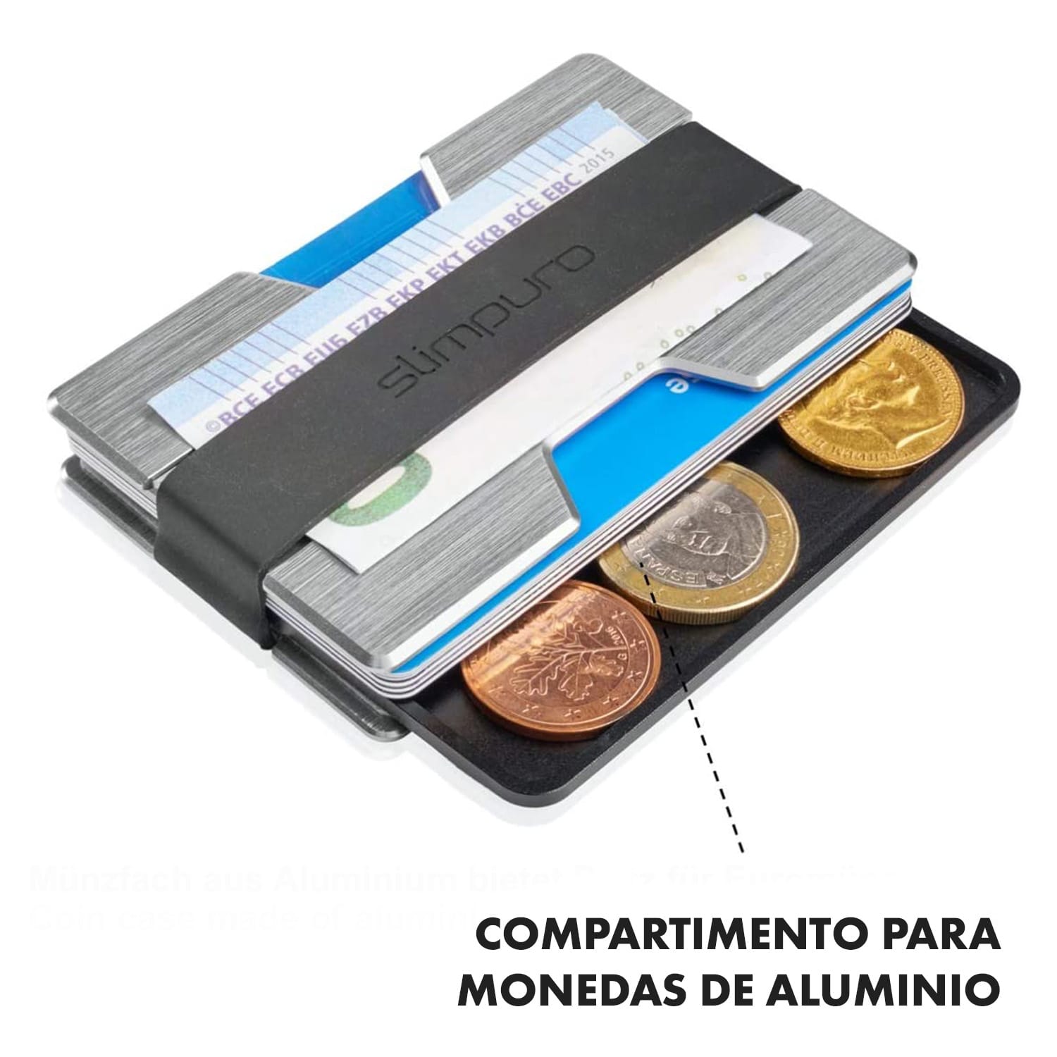 NANO Slim Wallet cartera extraplana 12 tarjetas compartimento para monedas aluminio Gris Oscuro