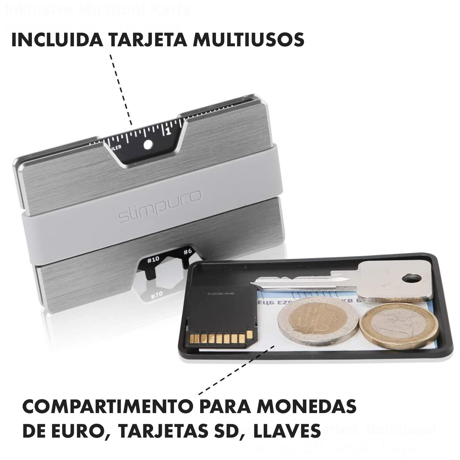 NANO Slim Wallet cartera extraplana 12 tarjetas compartimento para monedas aluminio Gris Oscuro