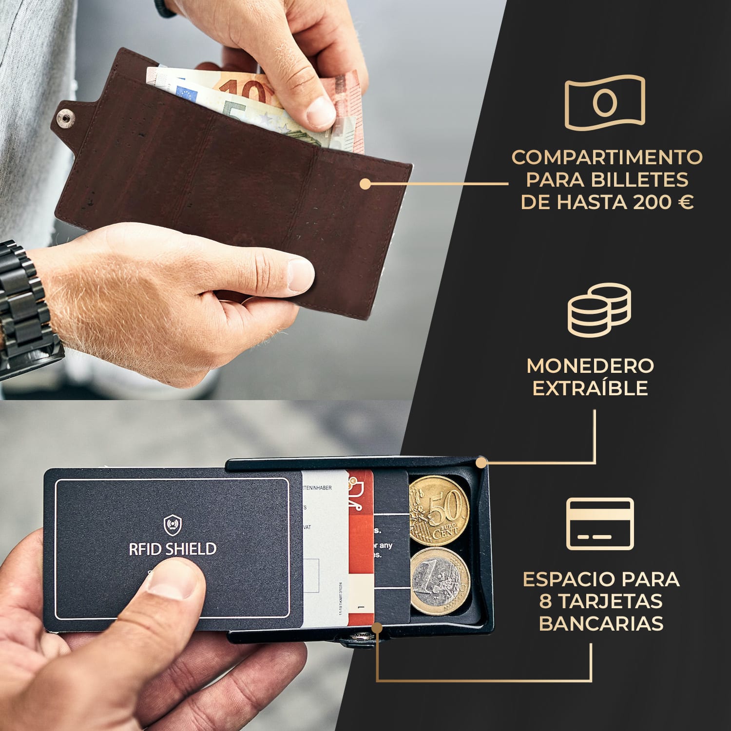 ZNAP Slim Wallet 8 billetera delgada 8 tarjetas y compartimento para monedas 8,9 x 1,5 x 6,3 cm (ancho x grueso x largo) Protección RFID Estructura de corcho | Marrón Tierra