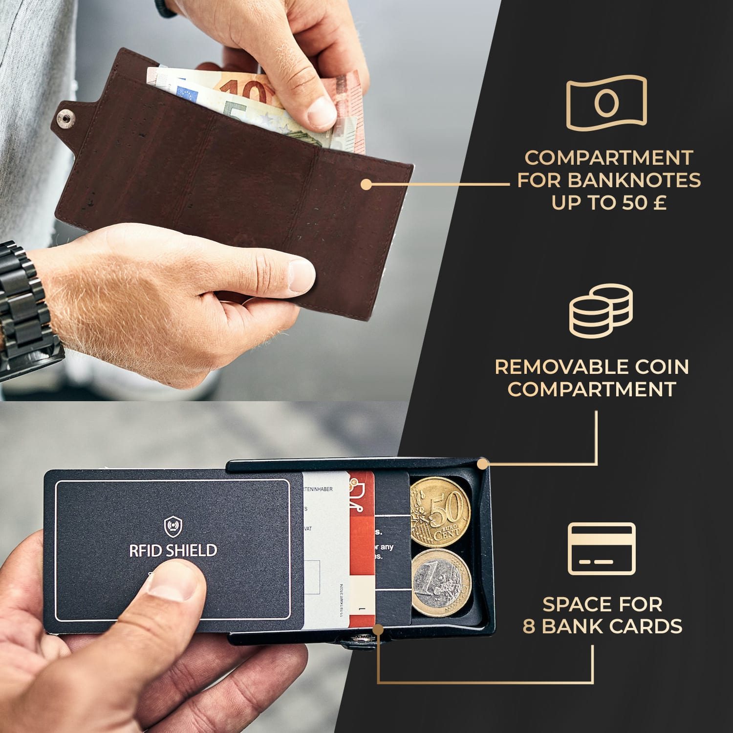 ZNAP Slim Wallet 8 pasjes muntvak 8,9 x 1,5 x 6,3 cm (BxHxD)  RFID bescherming Kurkstructuur | Earth Brown