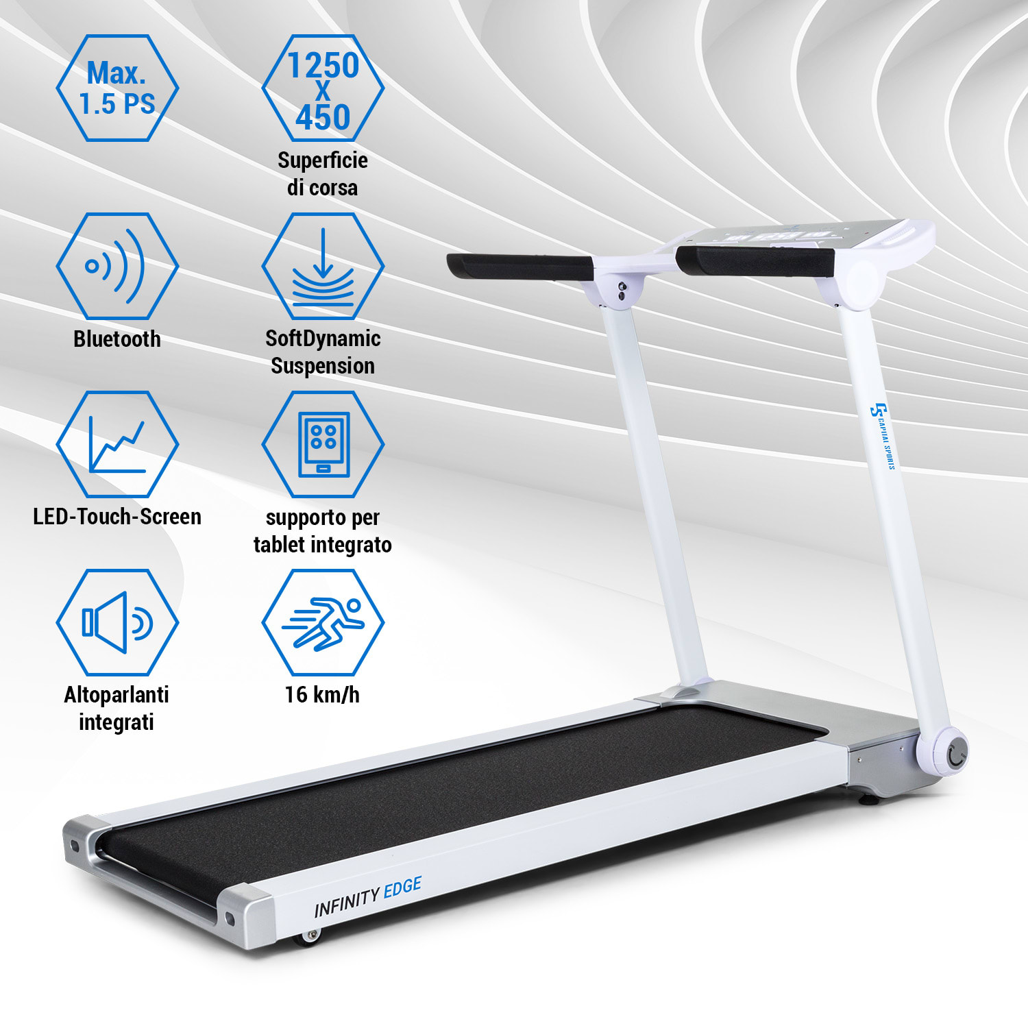 Tapis roulant Infinity Edge 1,5 CV Bluetooth LED con touchscreen 