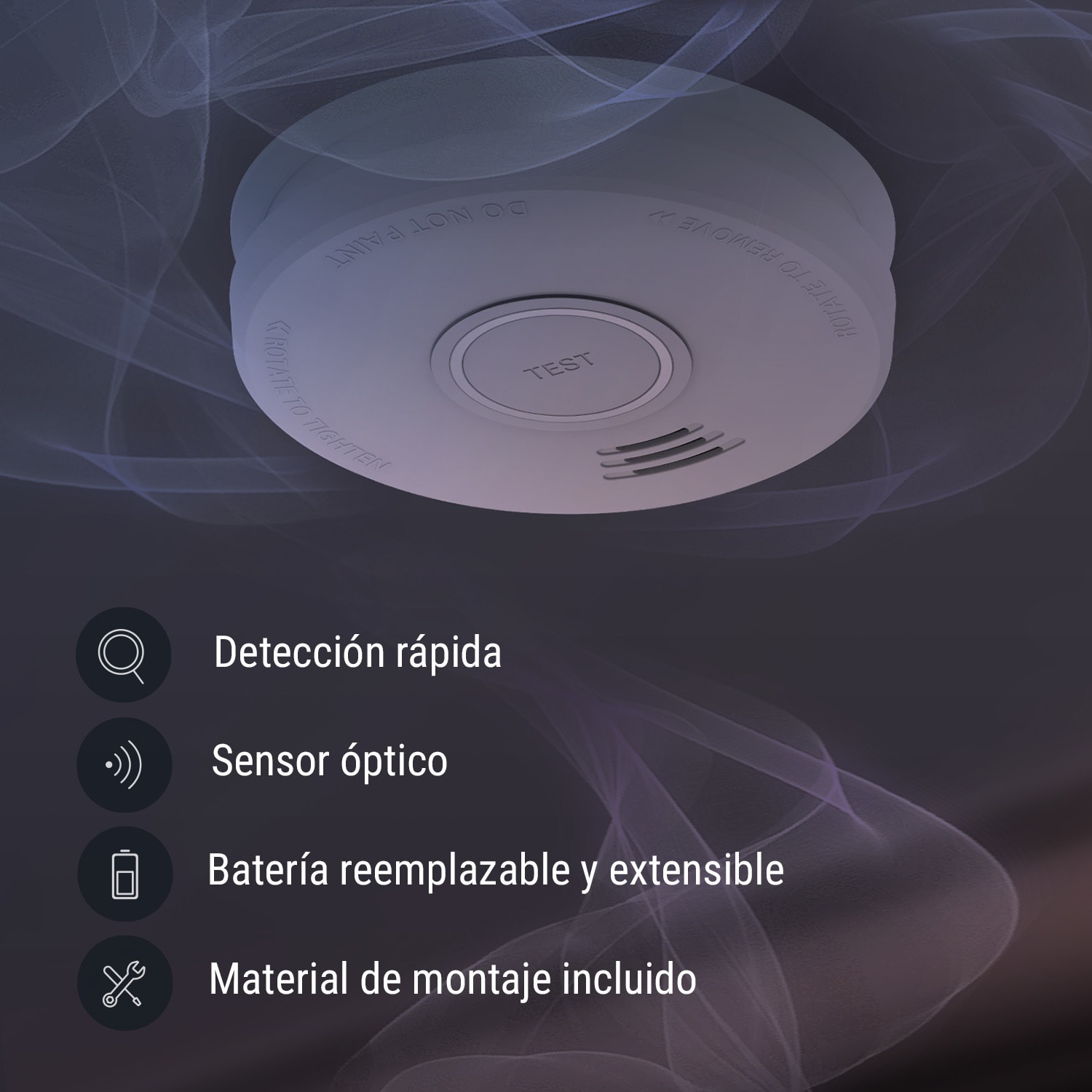 Detector de humo DOF19 Plástico Señal de aviso: 85 dB Funcionamiento con pila de 9V 