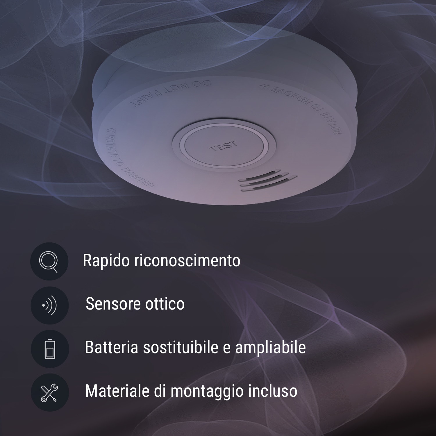 Rilevatore di fumo DOF19, plastica, segnale d'allarme: 85 dB, 9V, a batteria 