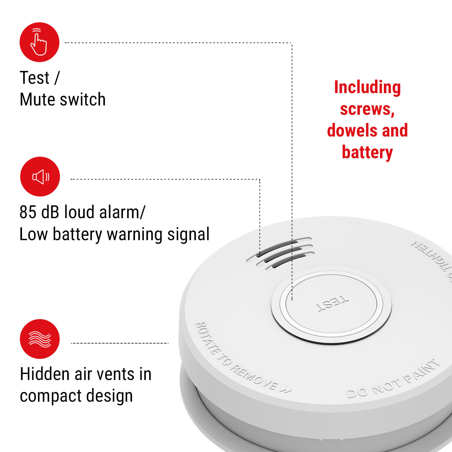 DOF19, Детектор за дим, пластмаса, предупредителен сигнал: 85 dB, 9V на батерии 