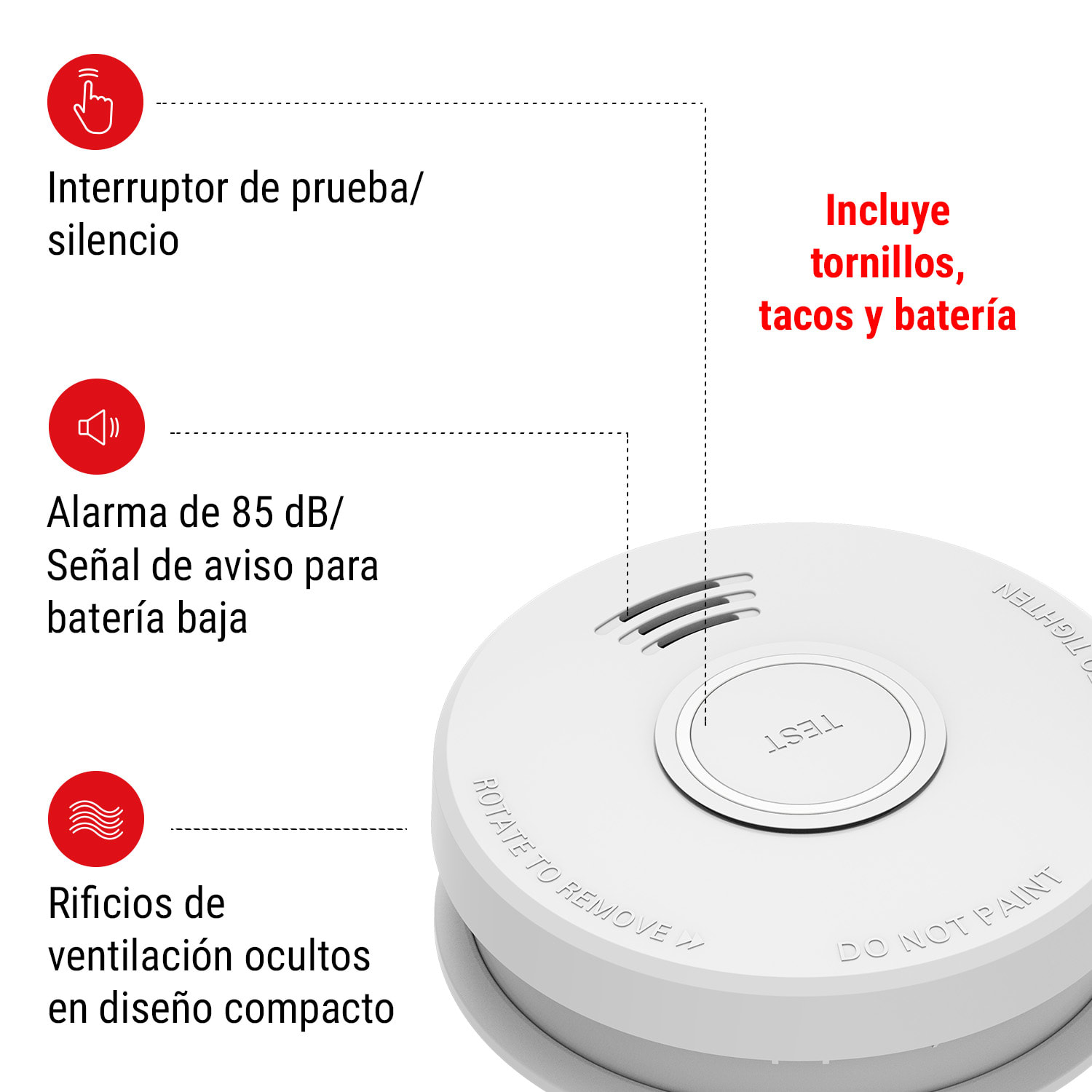 Detector de humo DOF19 Plástico Señal de aviso: 85 dB Funcionamiento con pila de 9V 8 piezas