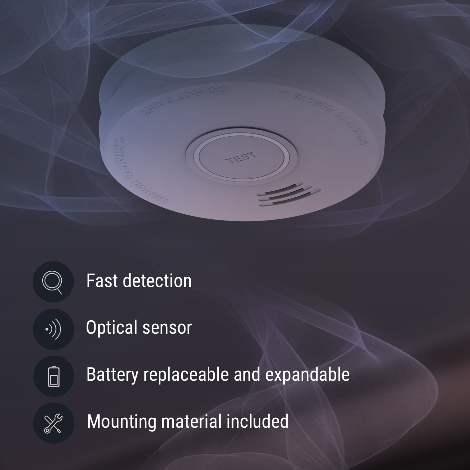 DOF19, detektor dima, plastika, požarni alarm: 85 dB, 9V na baterije 