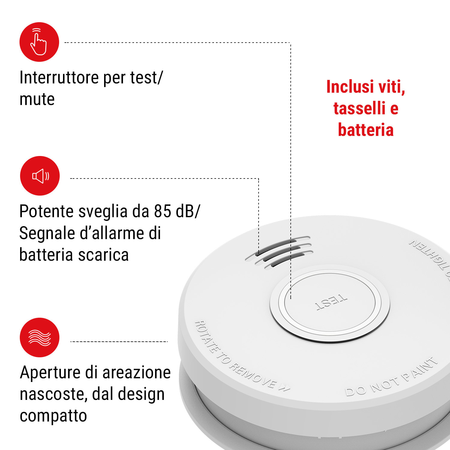 Rilevatore di fumo DOF19, plastica, segnale d'allarme: 85 dB, 9V, a batteria 