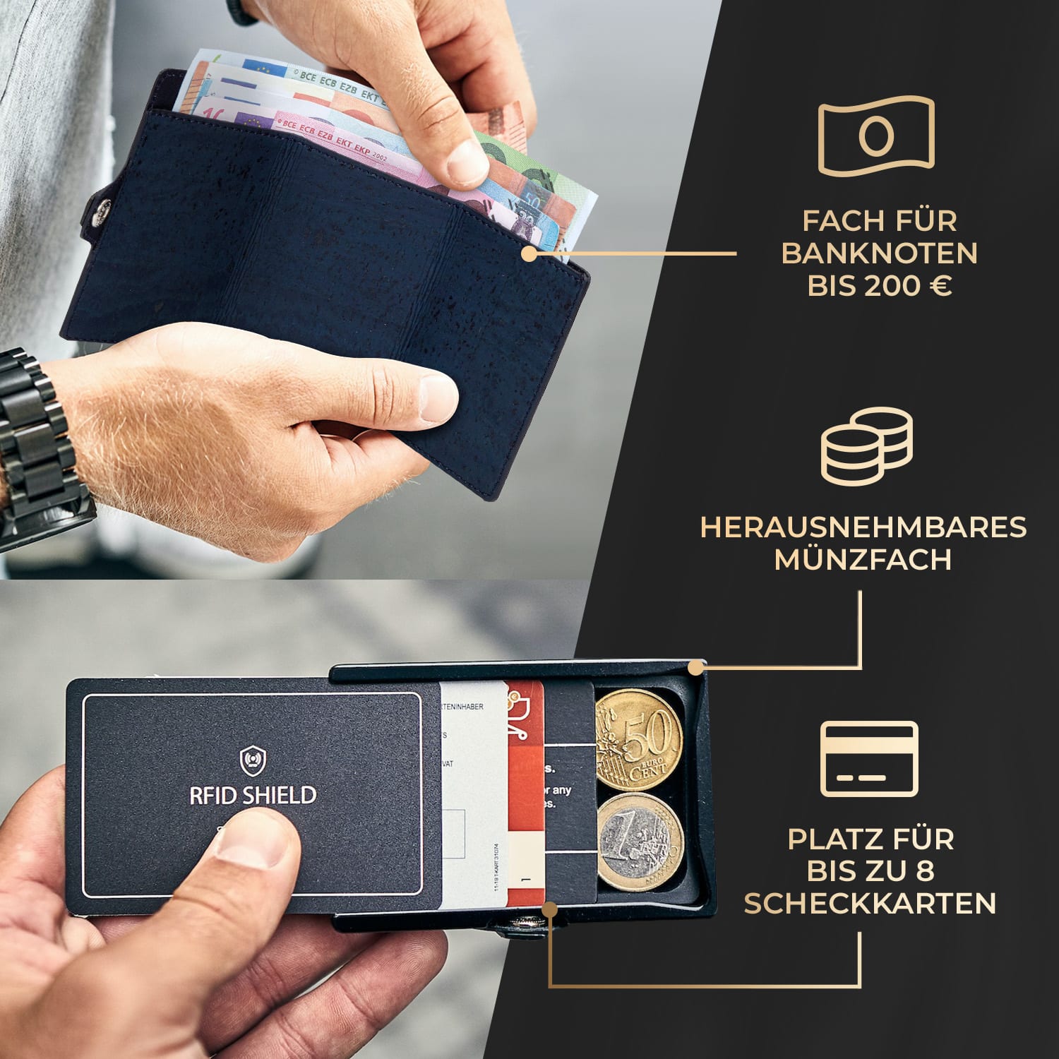 ZNAP Slim Wallet 8 Karten Münzfach 8,9 x 1,5 x 6,3 cm (BxHxT) RFID-Schutz Kork-Struktur | Ozeanblau