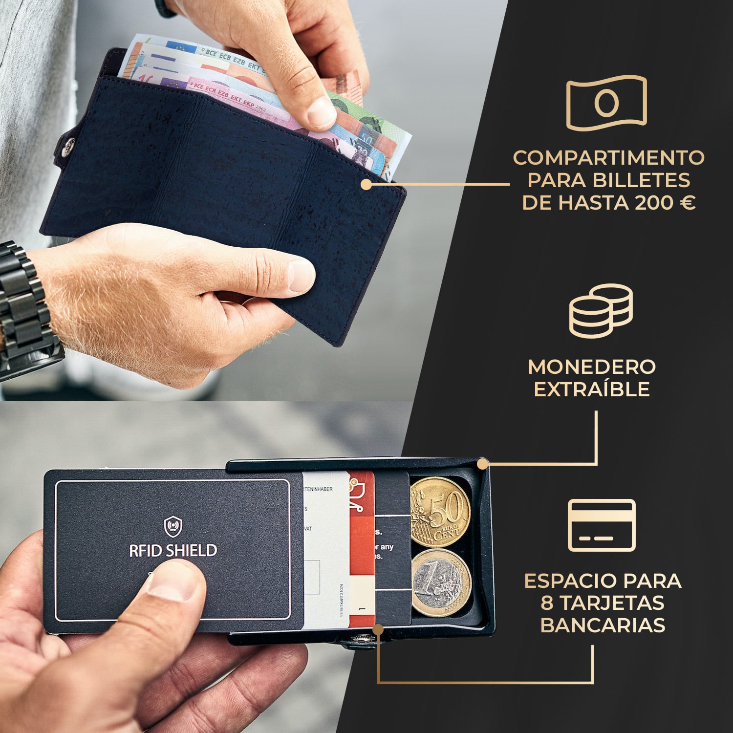 ZNAP Slim Wallet 8 billetera delgada 8 tarjetas y compartimento para monedas 8,9 x 1,5 x 6,3 cm (ancho x grueso x largo) Protección RFID Estructura de corcho | Azul Marino