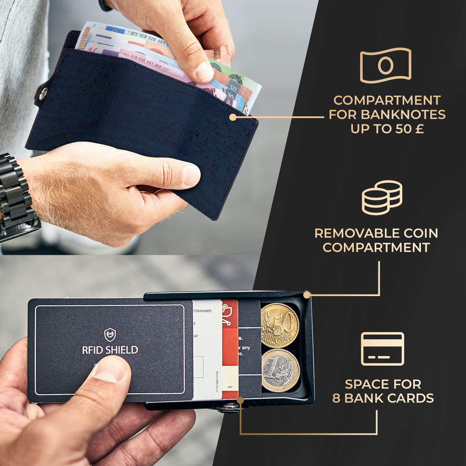 ZNAP, portofel subțire, 8 cărți, compartiment pentru monede, 8,9 × 1,5 × 6,3 cm (L × Î × l), protecție RFID