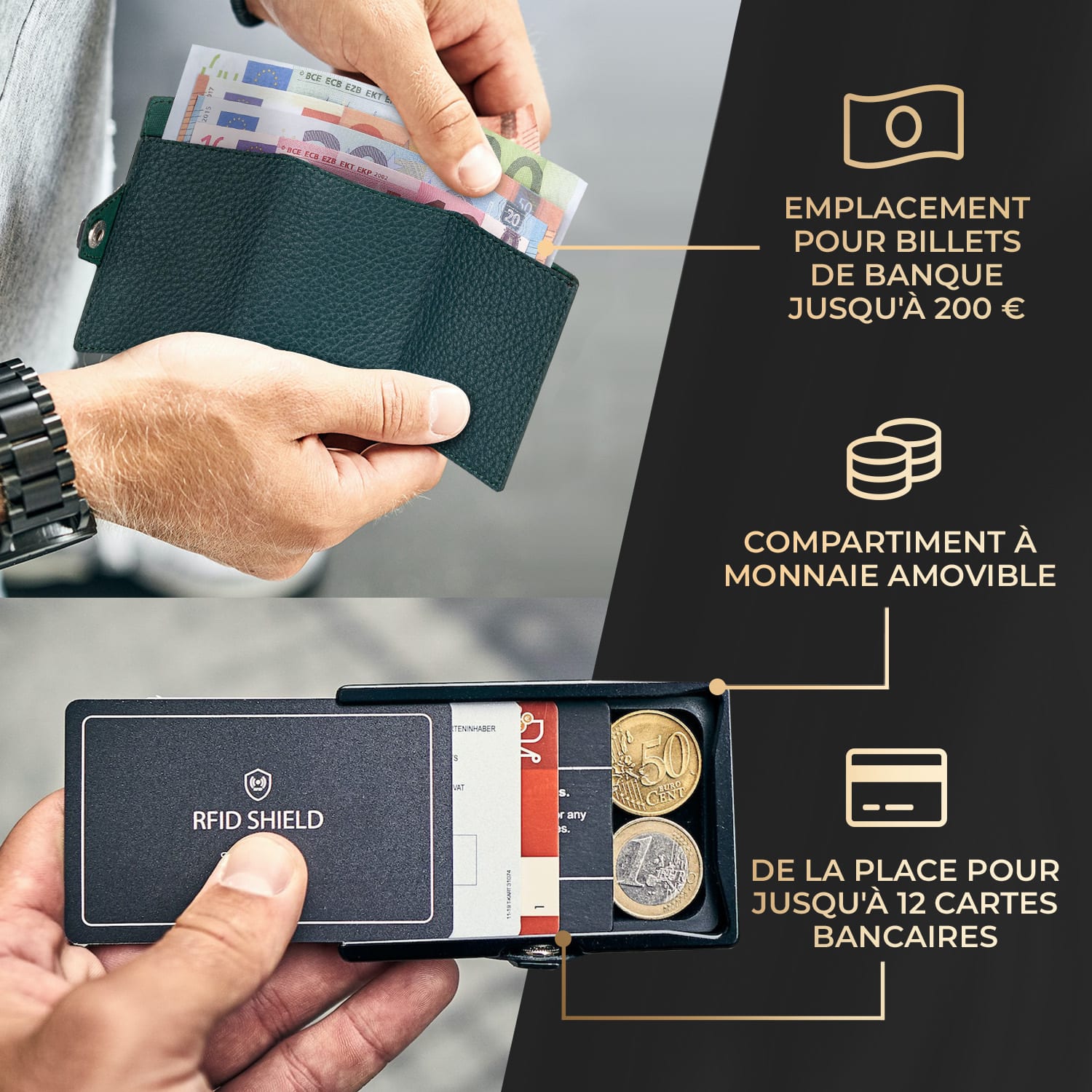 ZNAP Slim Wallet 12 Cartes pochette à monnaie 8,9 x 1,8 x 6,3 cm (LxHxP)  Protection RFID à grain | Vert Forêt