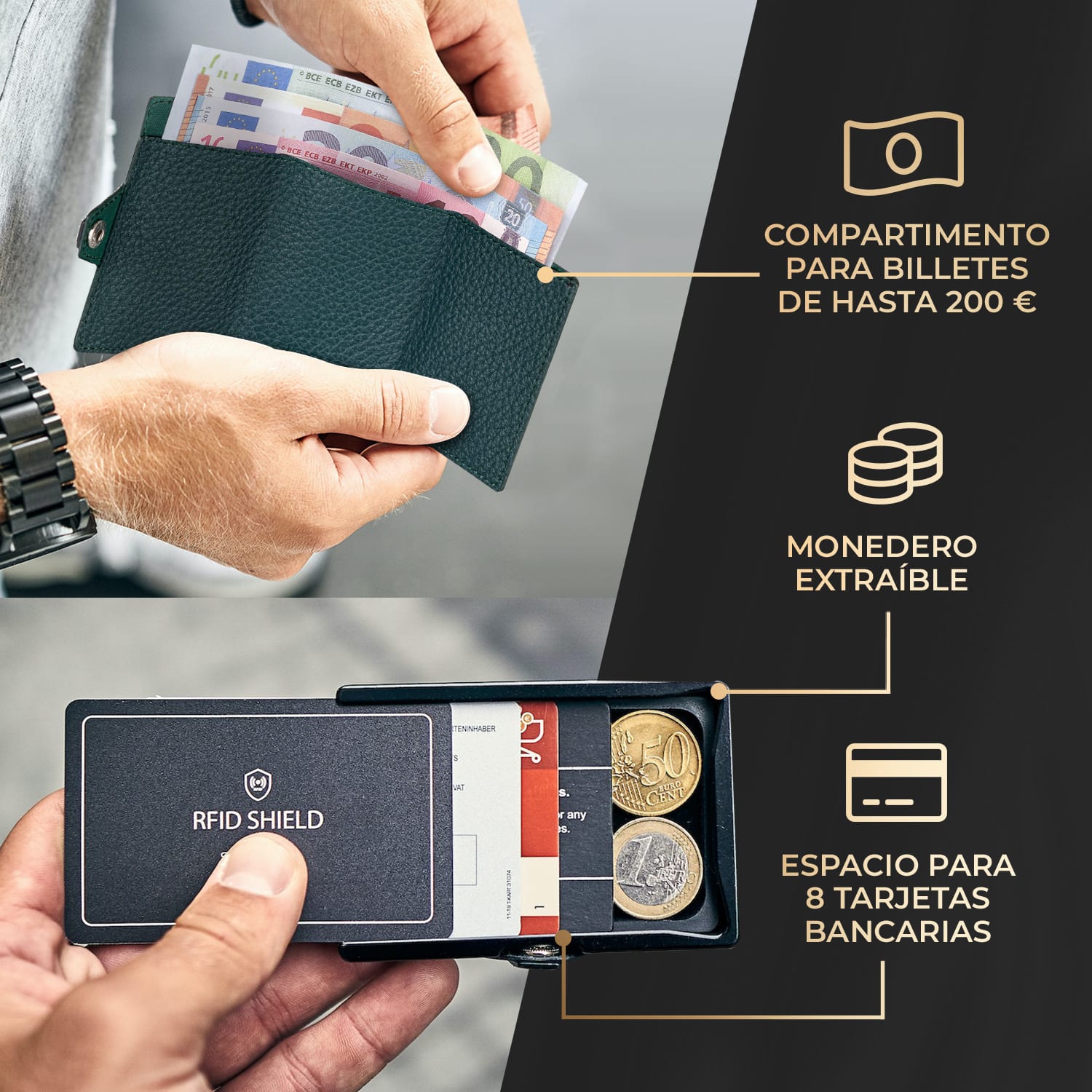 ZNAP Slim Wallet 8 billetera delgada 8 tarjetas y compartimento para monedas 8,9 x 1,5 x 6,3 cm (ancho x grueso x largo) Protección RFID grano | Verde Bosque