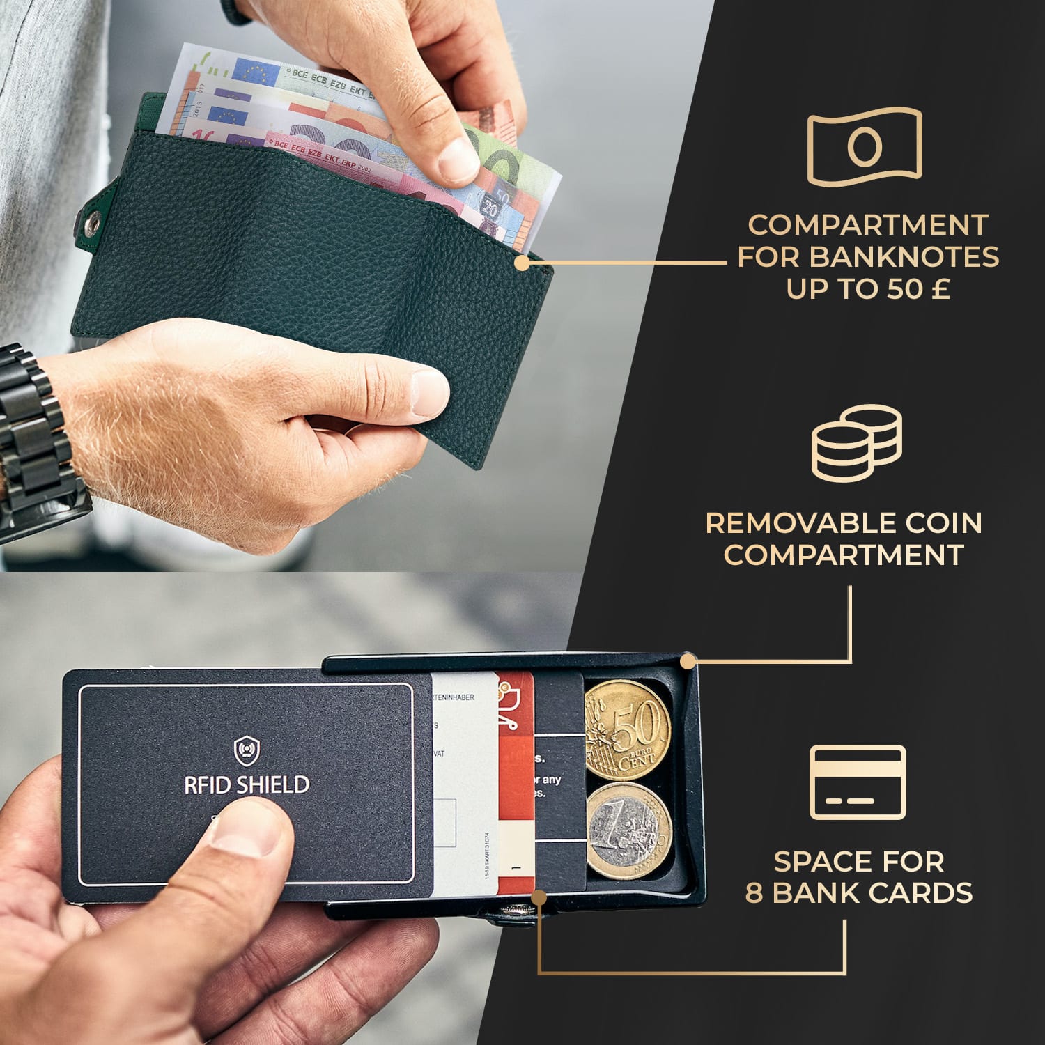 ZNAP, portofel subțire, 8 cărți, compartiment pentru monede, 8,9 × 1,5 × 6,3 cm (L × Î × l), protecție RFID granulat. | Verde de pădure