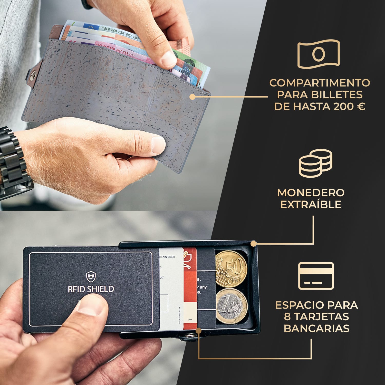 ZNAP Slim Wallet 12 Tarjetera monedero 8,9 x 1,8 x 6,3 cm (largo x grueso x ancho)  protección RFID Estructura de corcho | Gris Medio