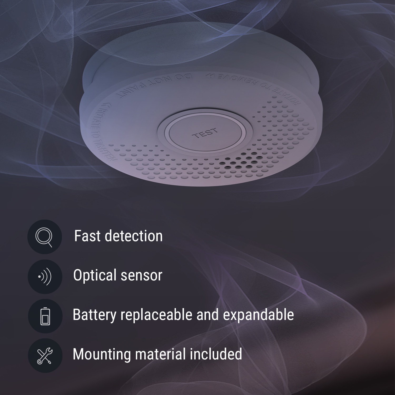 DOF19, детектор за дим, пластмасов, сигнал за аларма: 85 dB 9V, батерия 