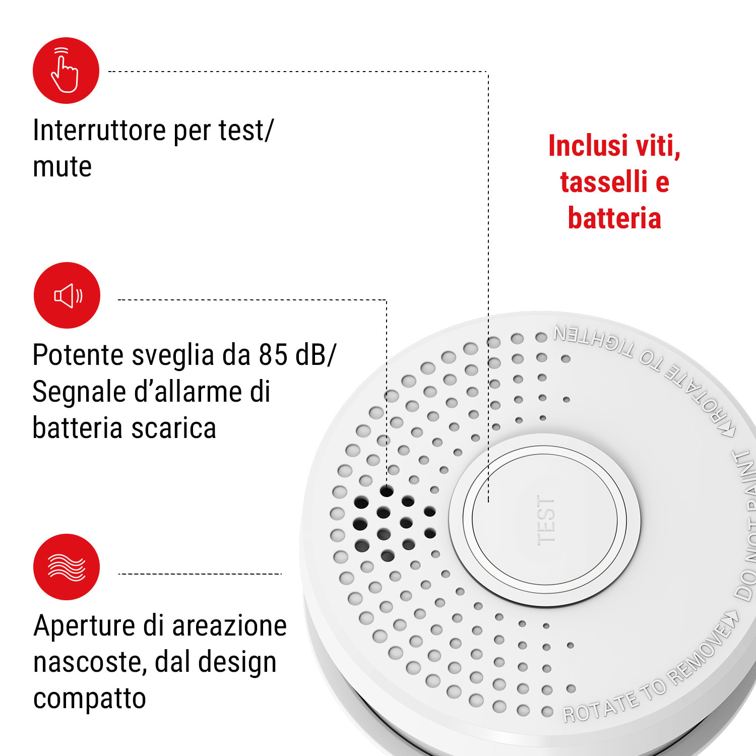 Rilevatore di fumo DOF19, plastica, segnale d'allarme: 85 dB, 9V, a batteria 