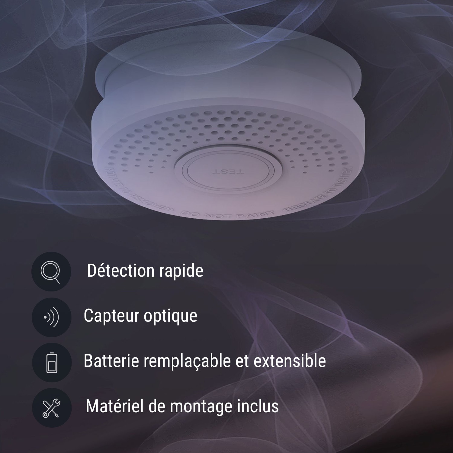 Détecteur de fumée DOF39 Plastique Signal d'avertissement : 85 dB Alimenté par pile 9V 