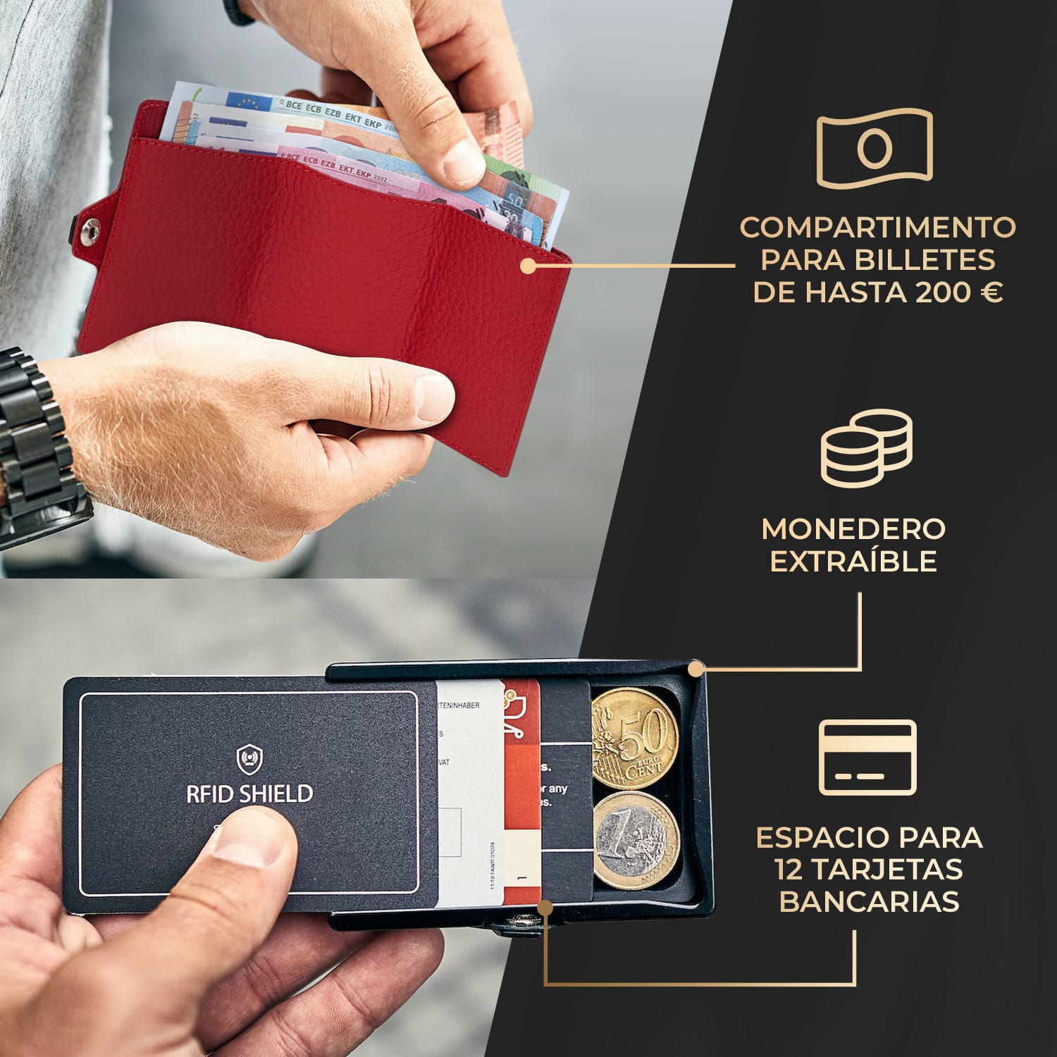 ZNAP Slim Wallet 12 Tarjetera monedero 8,9 x 1,8 x 6,3 cm (largo x grueso x ancho)  protección RFID grano | Rojo