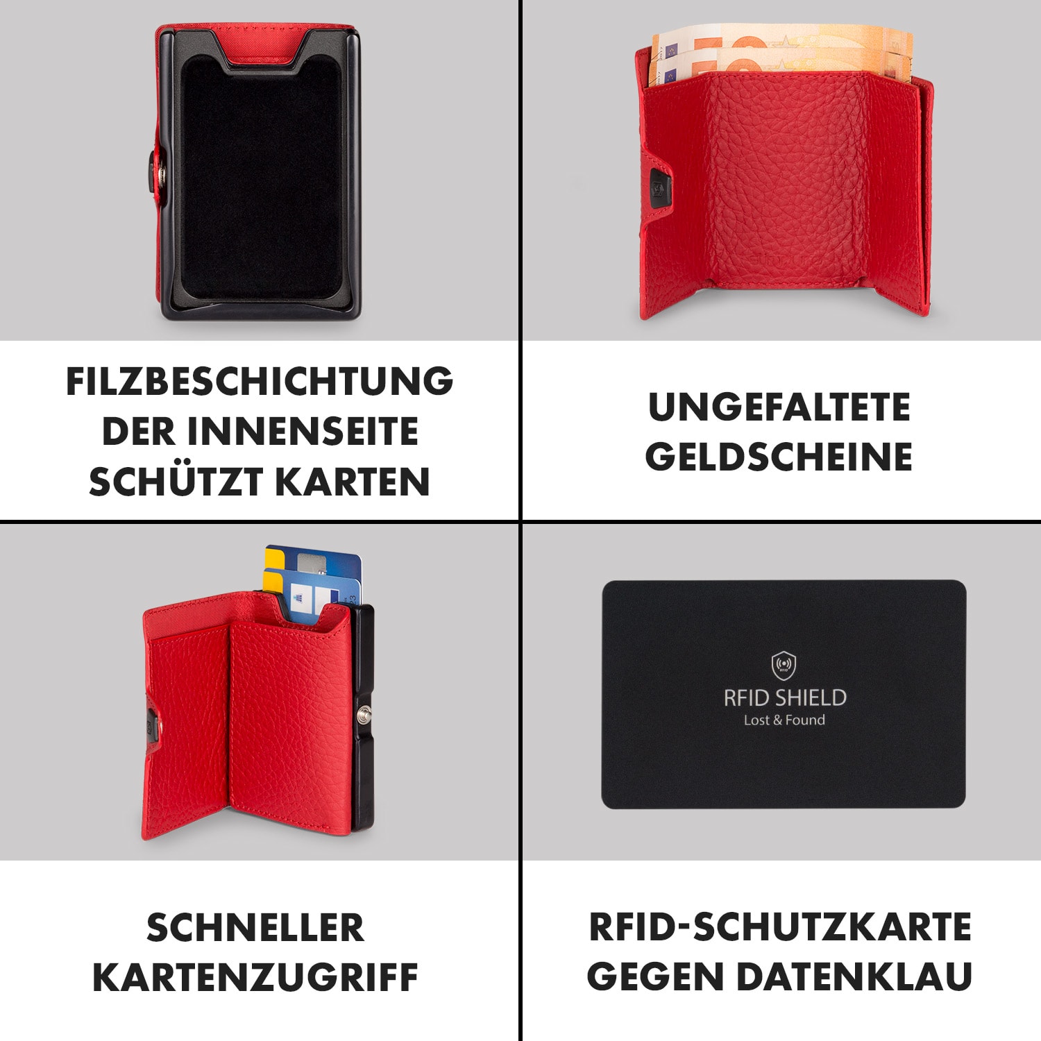 ZNAP Slim Wallet 8 Karten Münzfach 8,9 x 1,5 x 6,3 cm (BxHxT) RFID-Schutz genarbt | Rot