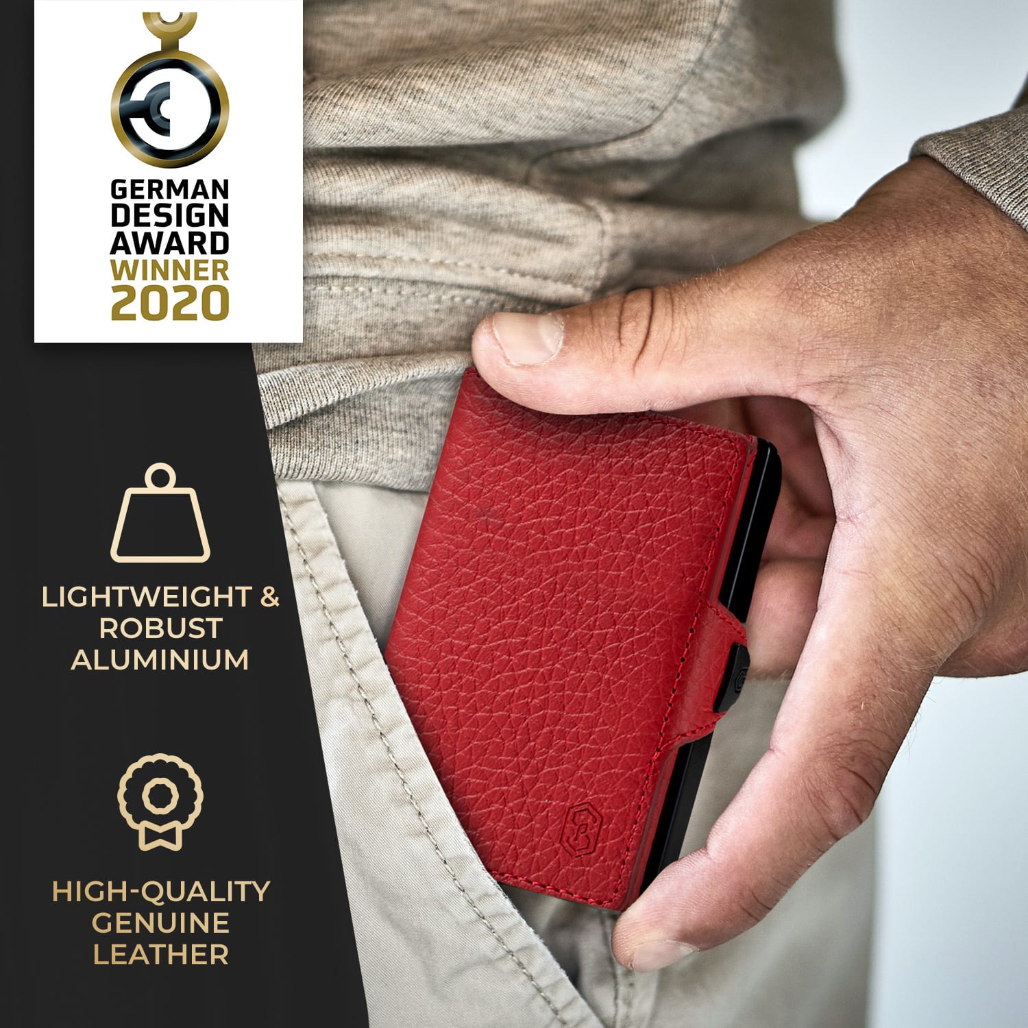 ZNAP, portofel subțire, 8 cărți, compartiment pentru monede, 8,9 × 1,5 × 6,3 cm (L × Î × l), protecție RFID granulat. | Roșu