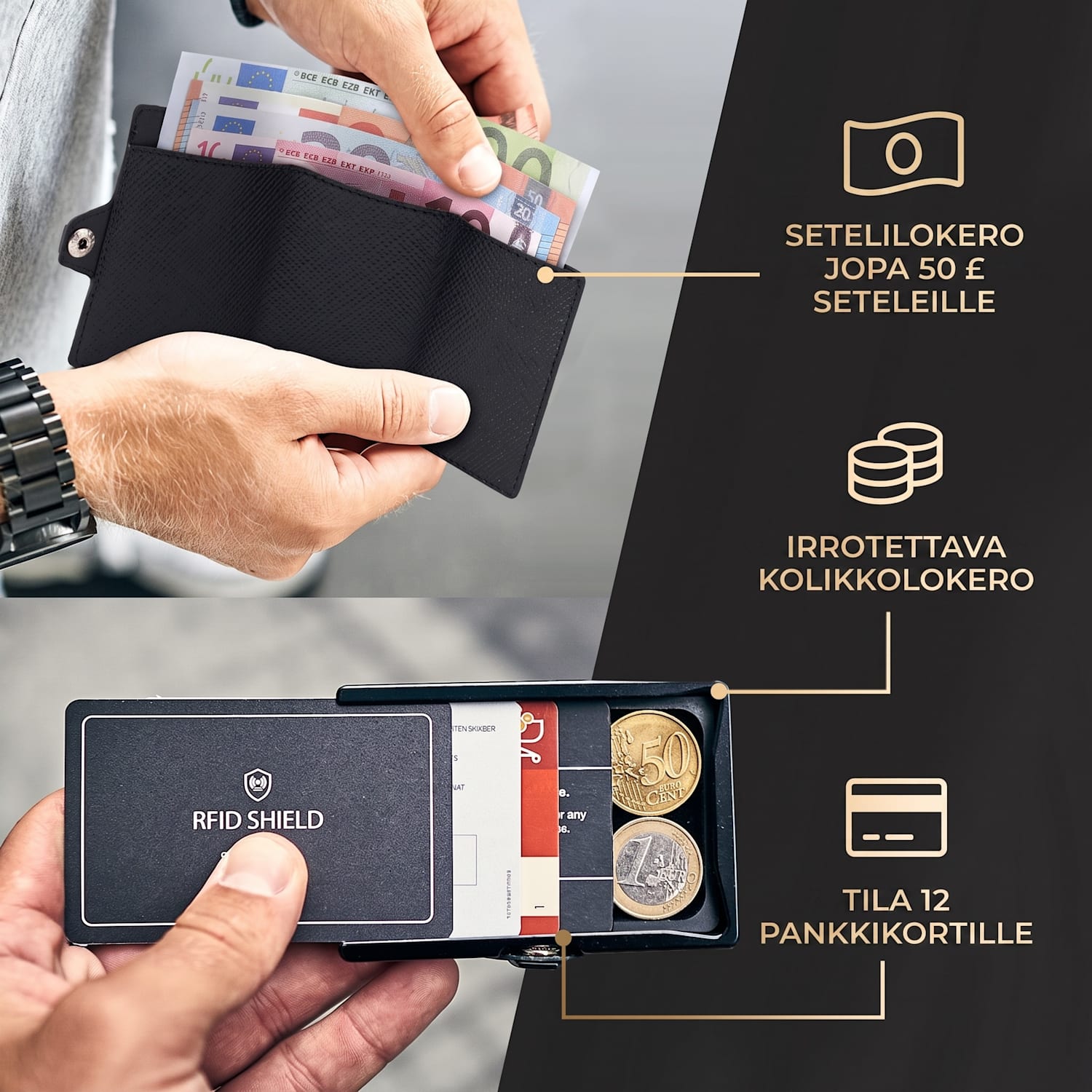 ZNAP Slim lompakko 12 kortille kolikkotasku 8,9 x 1,8 x 6,3 cm (leveys x korkeus x syvyys)  RFID-suoja Saffiano | Musta