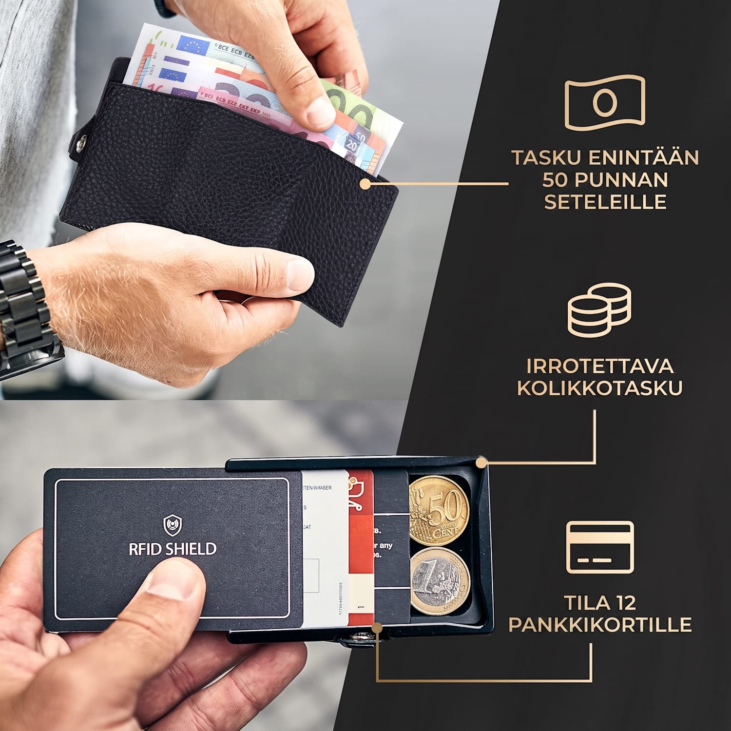 ZNAP Slim lompakko 12 kortille kolikkotasku 8,9 x 1,8 x 6,3 cm (leveys x korkeus x syvyys)  RFID-suoja jaettu | Musta