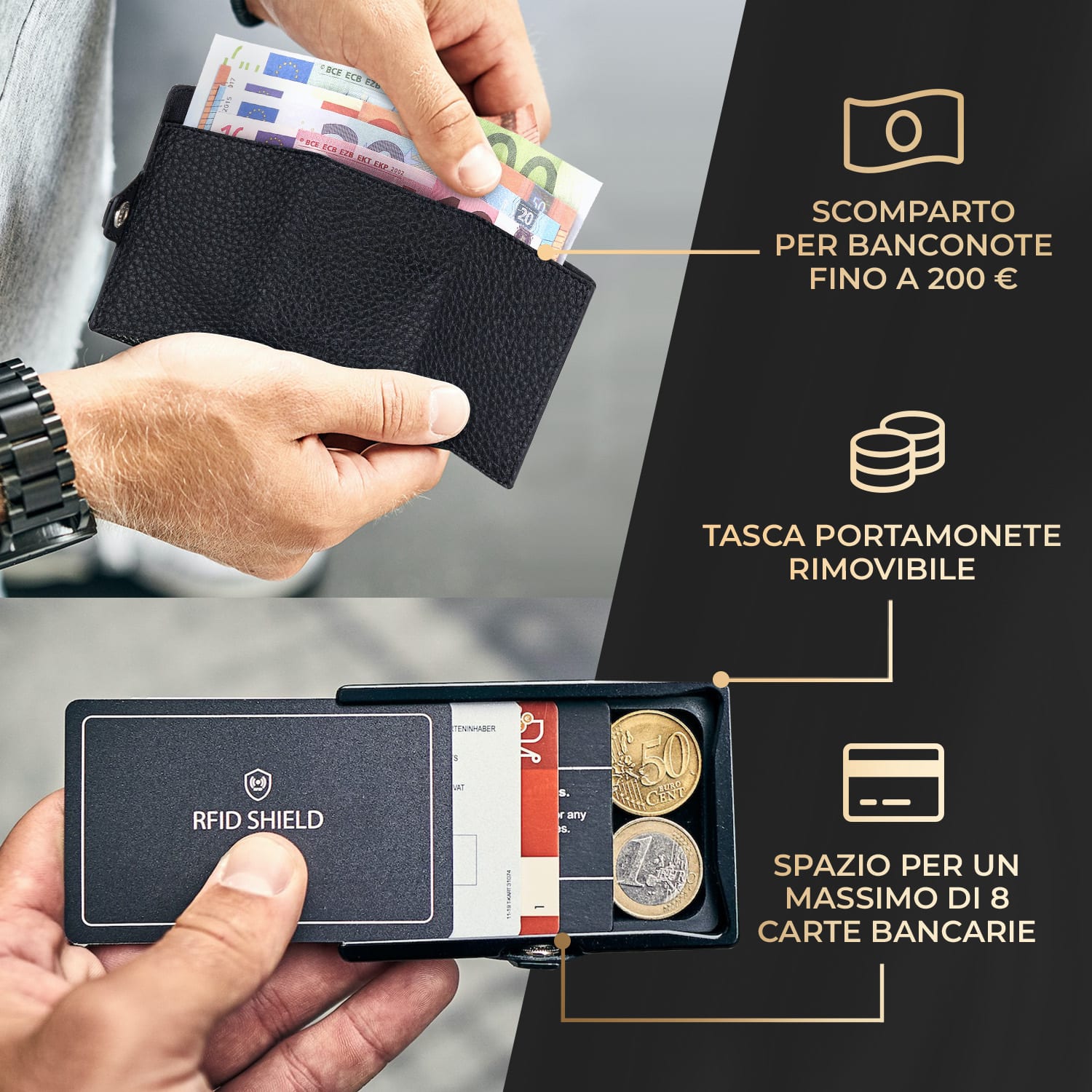 ZNAP Slim Wallet 8 - Portafoglio, 8 carte, portamonete, 8,9 x 1,5 x 6,3 cm (LxHxP)  Protezione RFID granaio | Nero