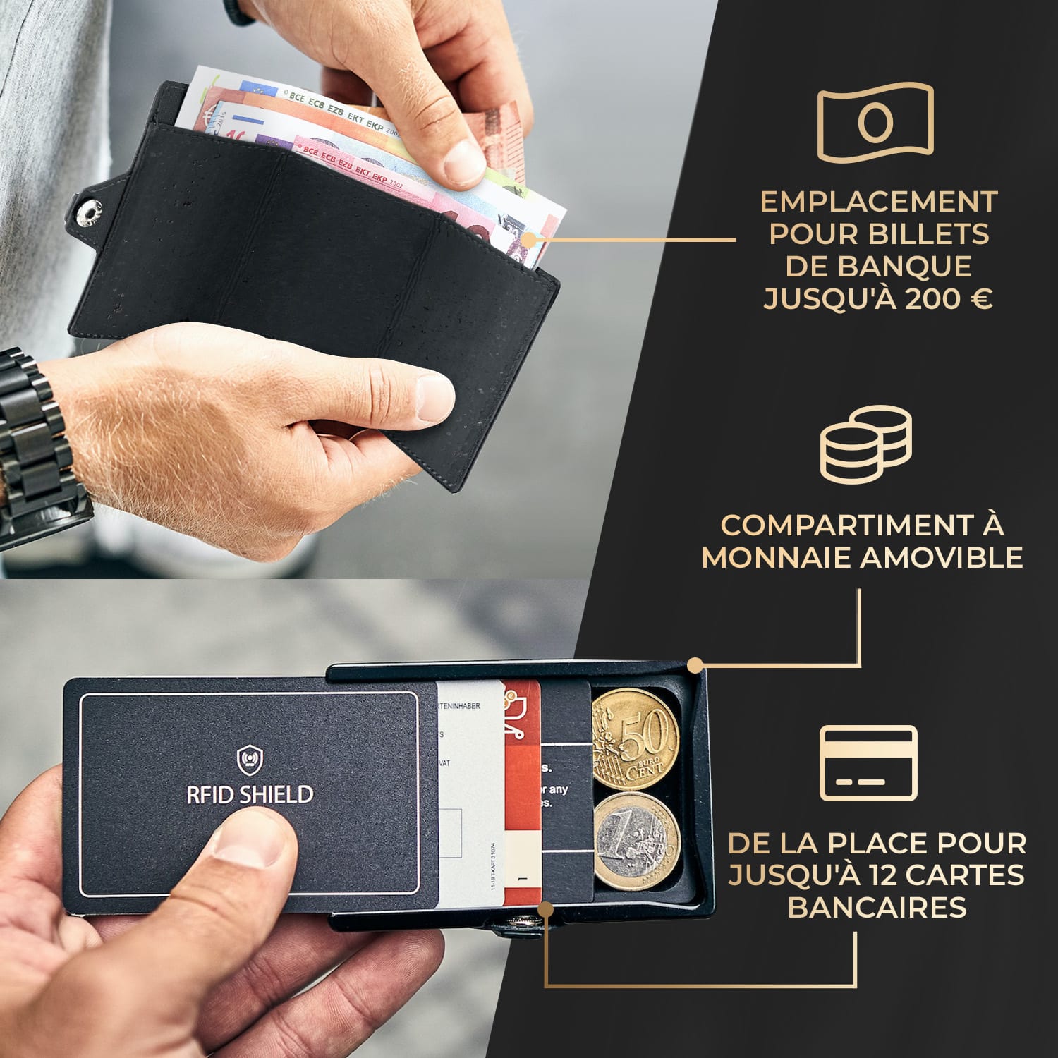 ZNAP Slim Wallet 12 pasjes muntvak 8,9 x 1,8 x 6,3 cm (BxHxD)  RFID bescherming Kurkstructuur | Zwart