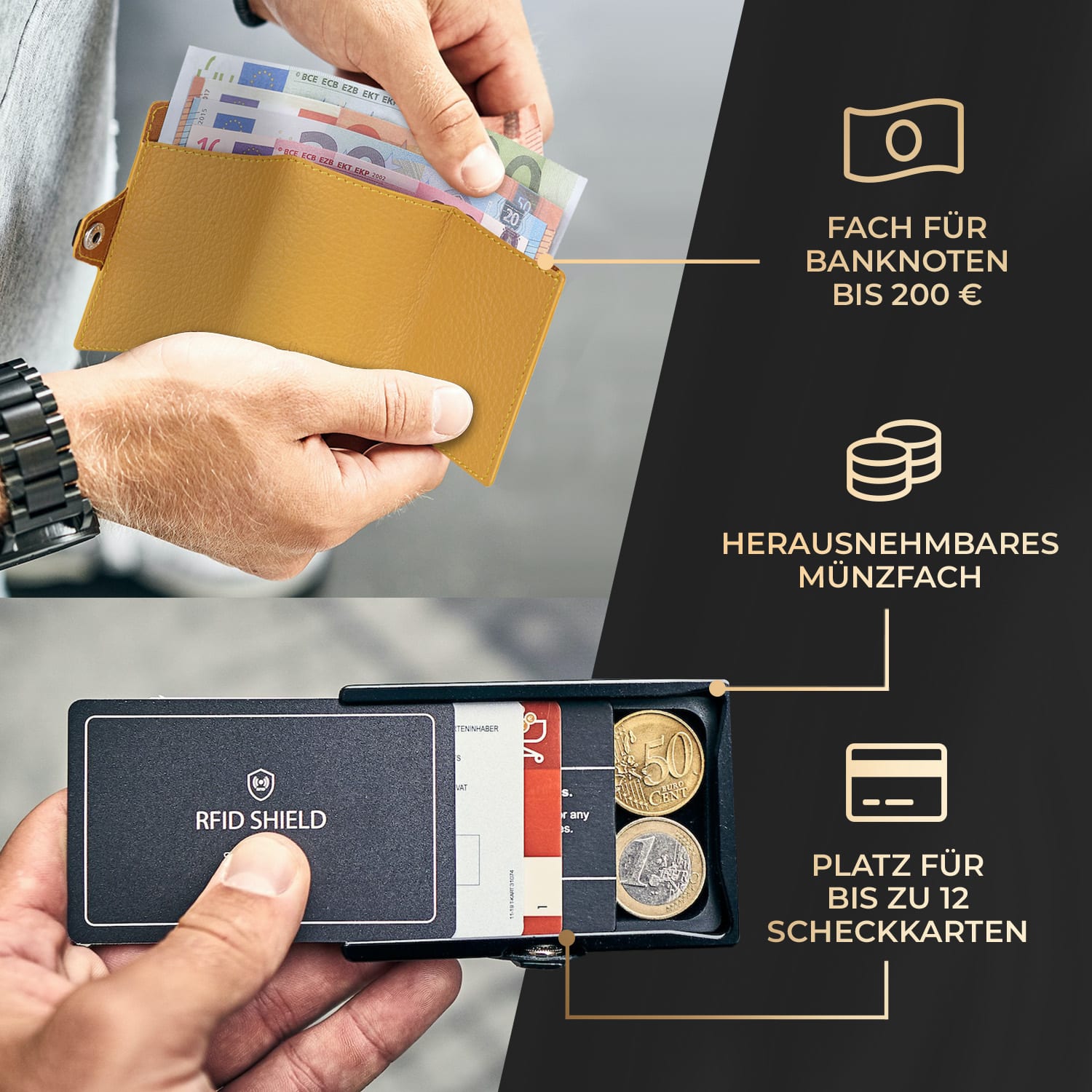 ZNAP Slim Wallet 12 Karten Münzfach 8,9 x 1,8 x 6,3 cm (BxHxT)   RFID-Schutz genarbt | Honigfarben