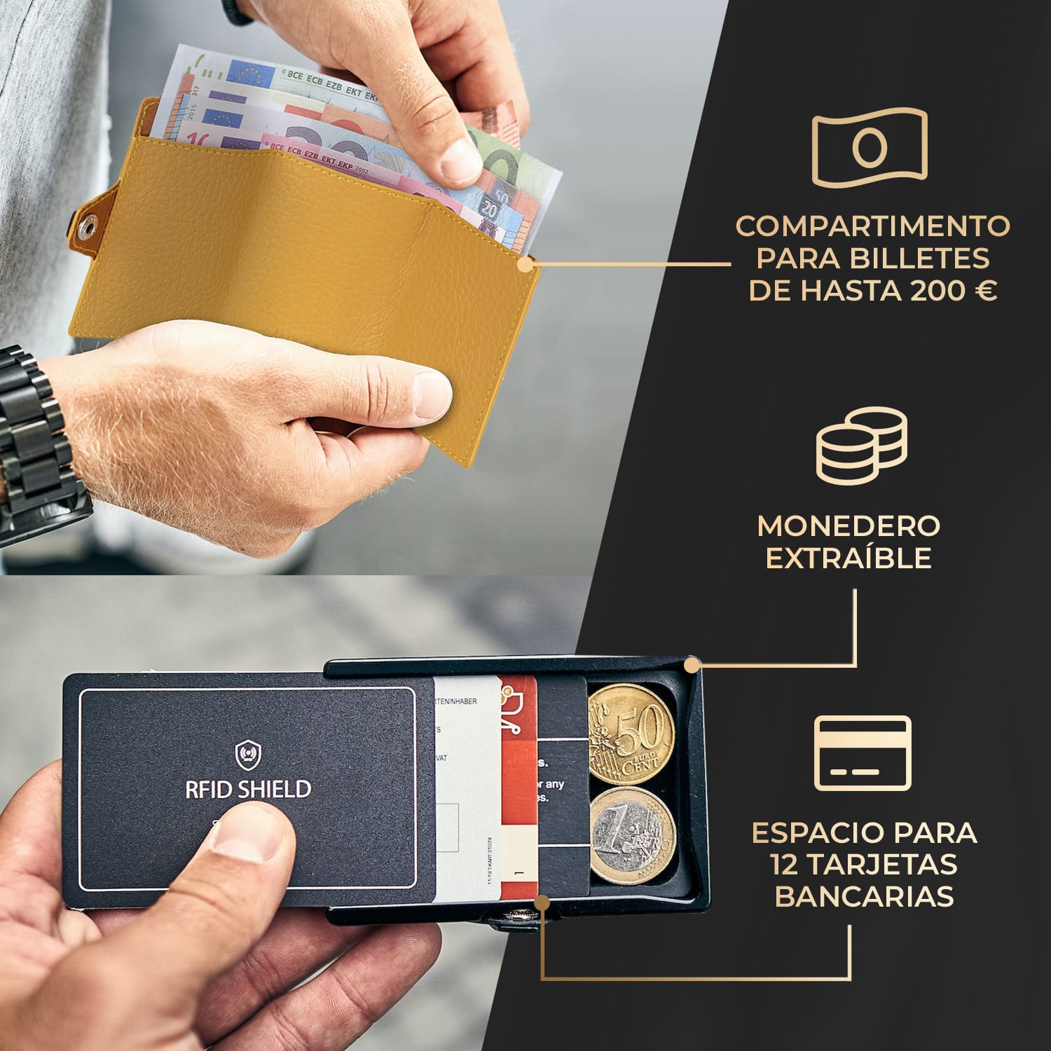 ZNAP Slim Wallet 12 Tarjetera monedero 8,9 x 1,8 x 6,3 cm (largo x grueso x ancho)  protección RFID grano | Dorado Miel